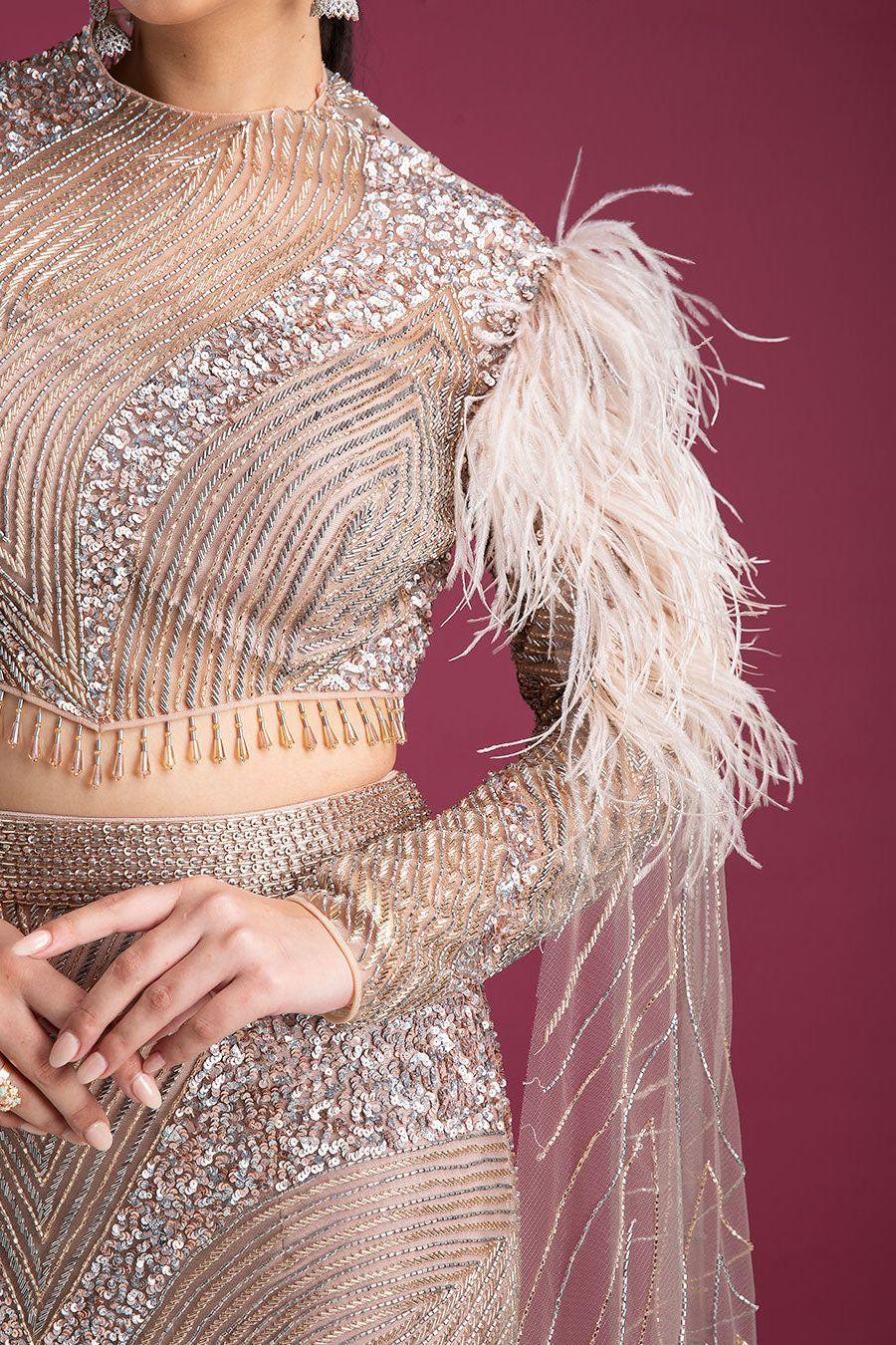 Glamorous Embellished Skirt And Blouse With Feathered Sleeves - Mokshaa