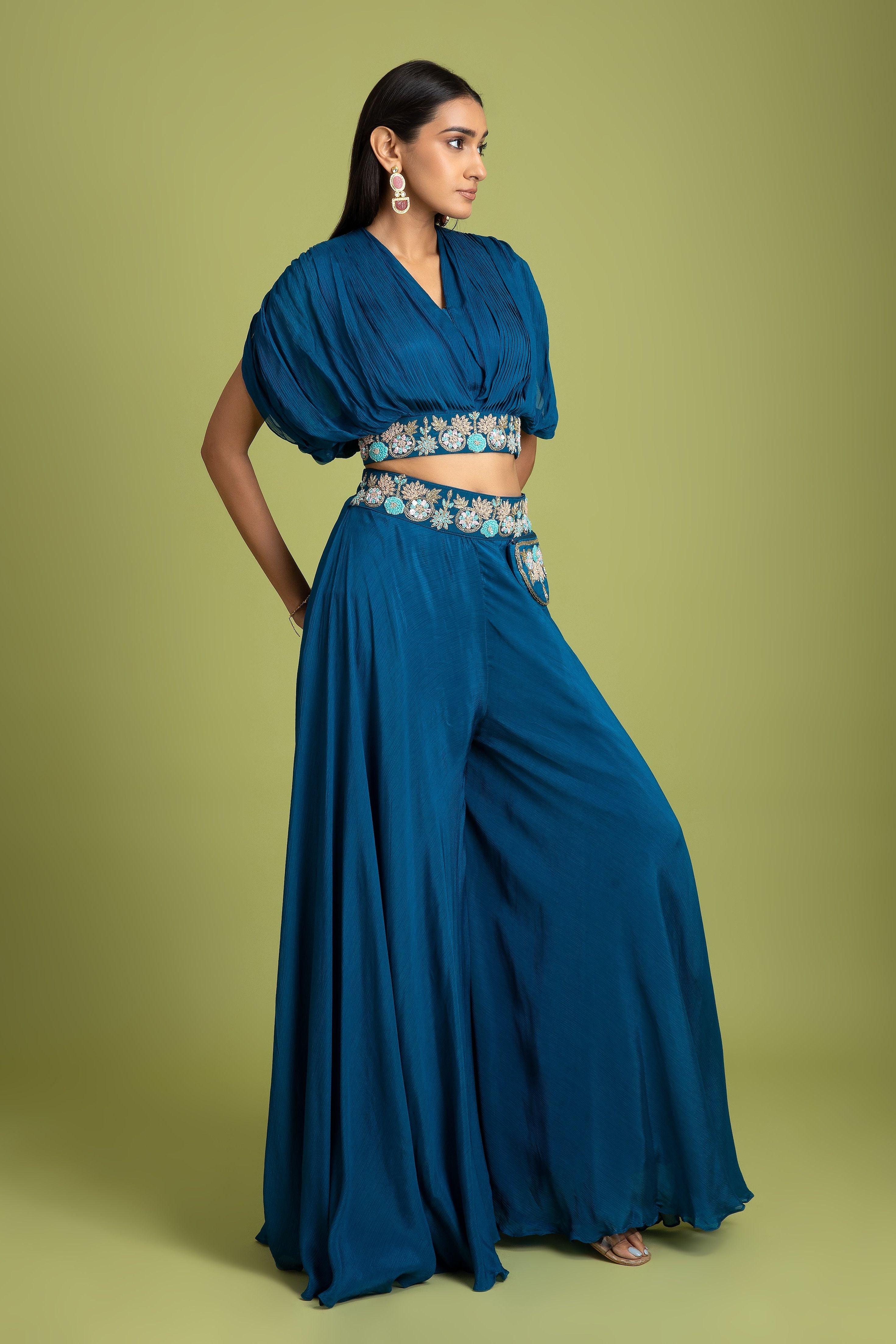 Royal Blue Crop Top And Palazzo Set - Mokshaa
