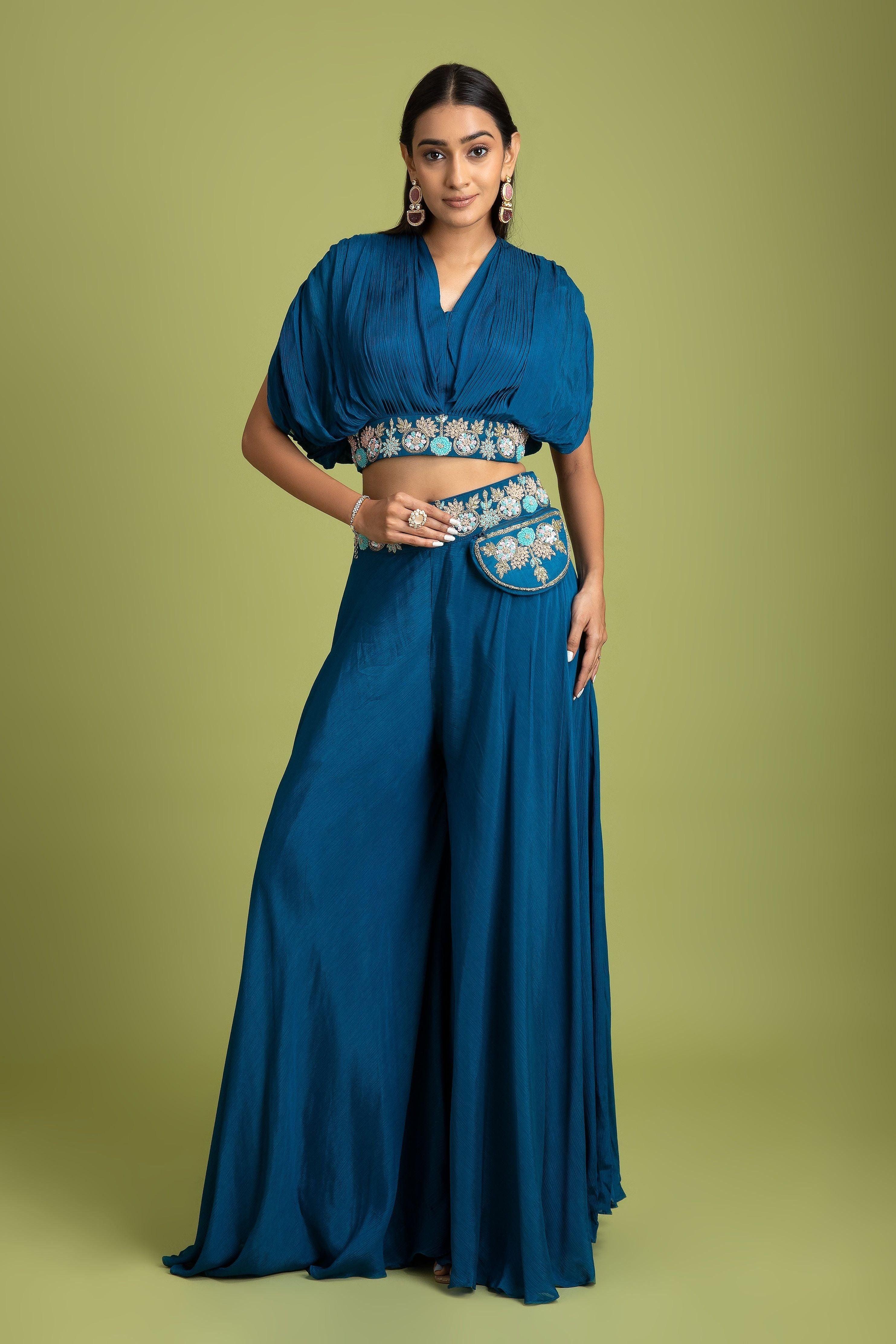 Royal Blue Crop Top And Palazzo Set - Mokshaa