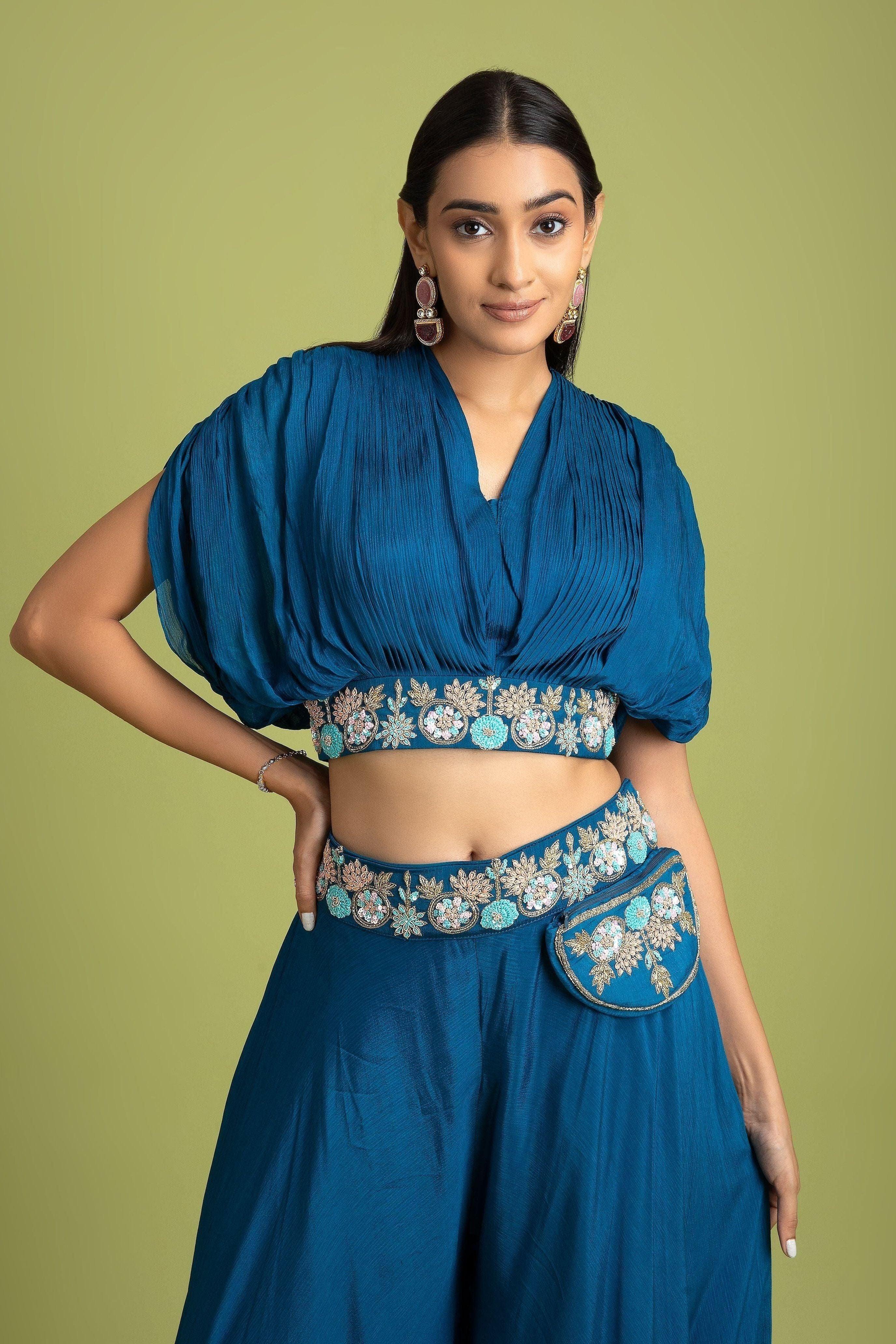 Royal Blue Crop Top And Palazzo Set - Mokshaa