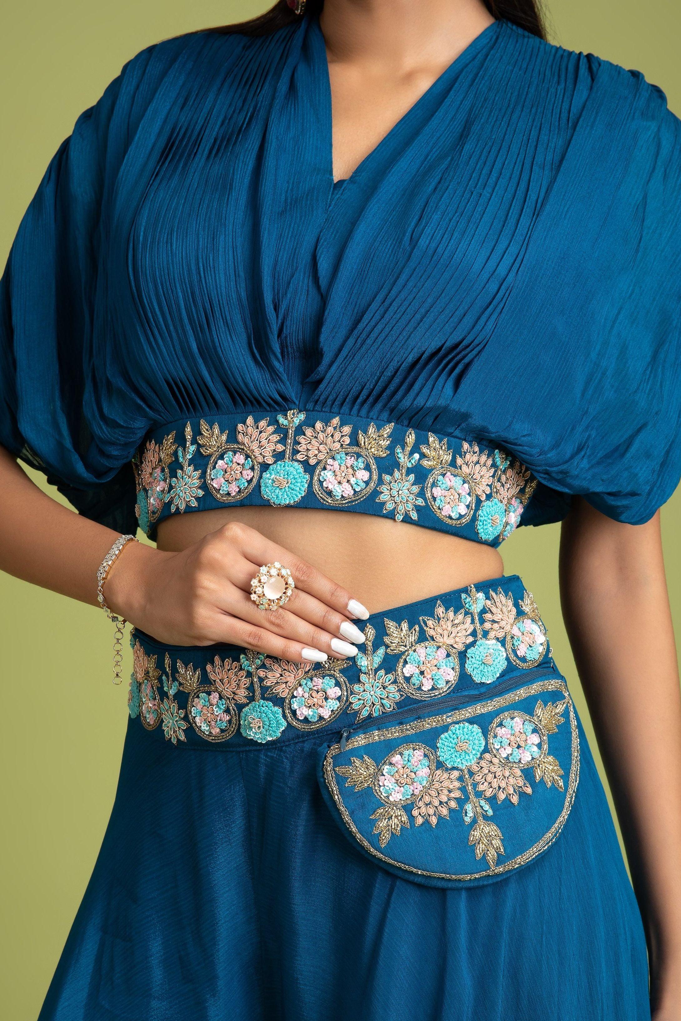 Royal Blue Crop Top And Palazzo Set - Mokshaa