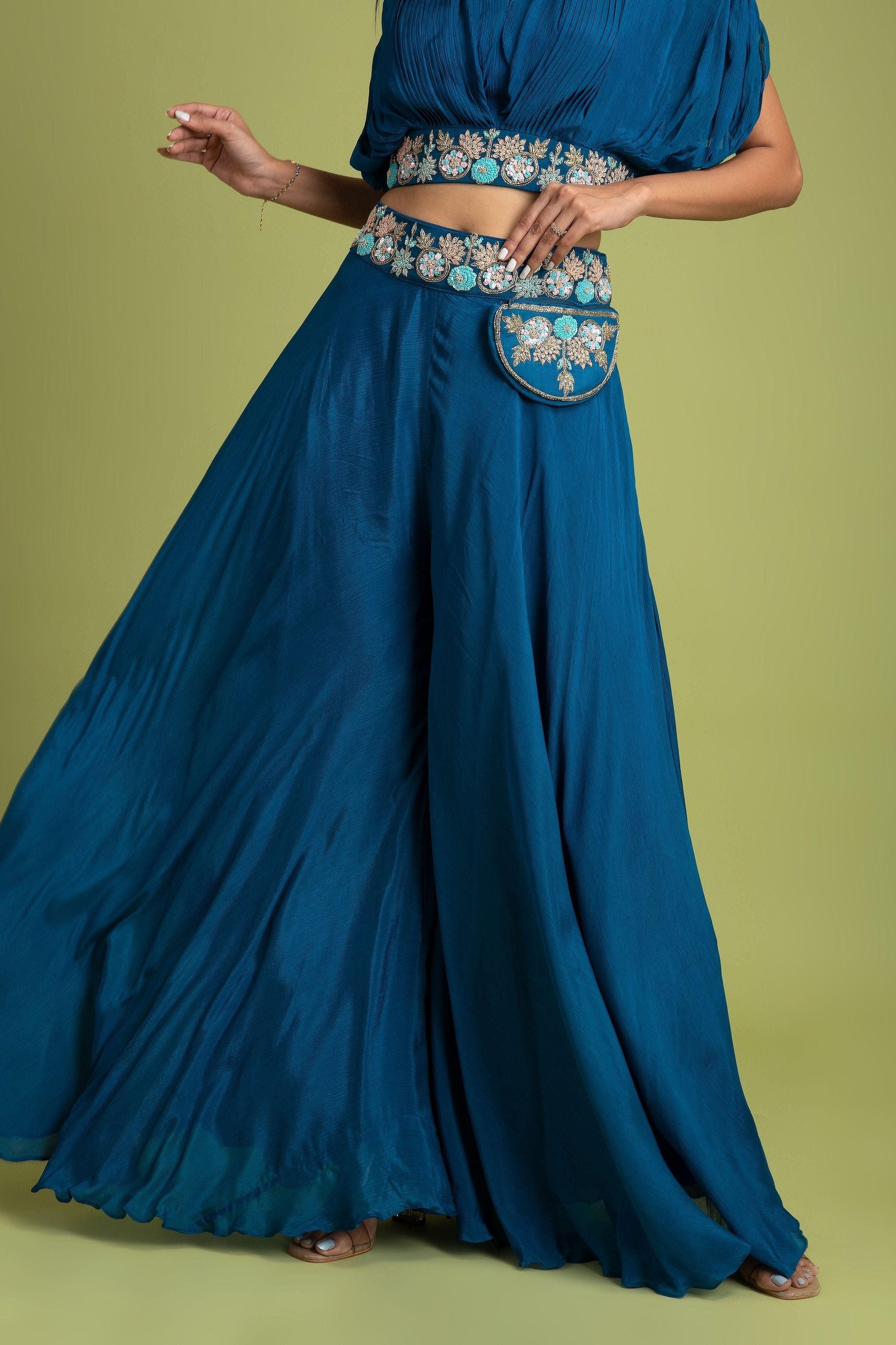 Royal Blue Crop Top And Palazzo Set - Mokshaa