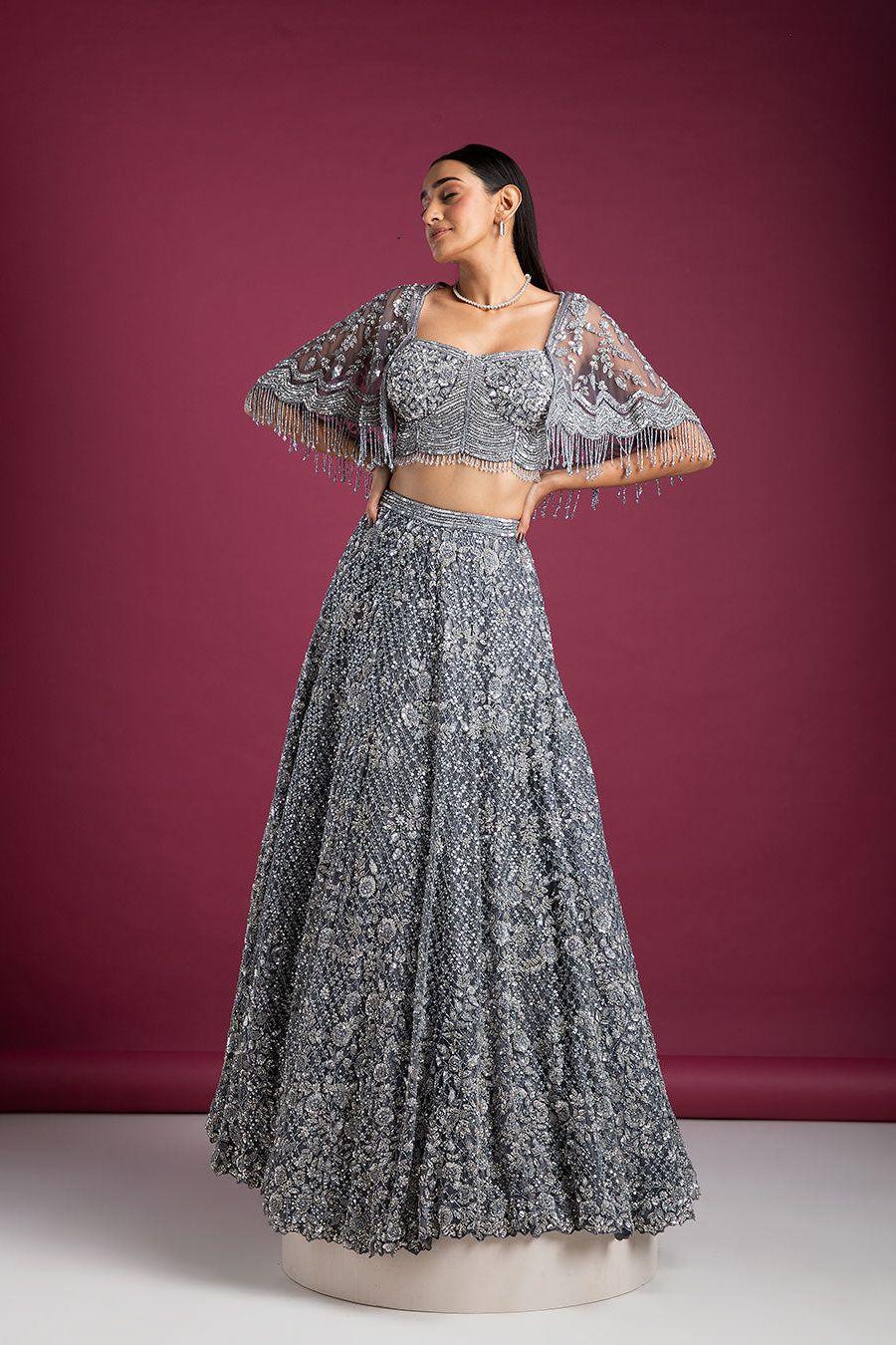 Smoky Grey Lehenga Set With Cape Blouse - Mokshaa
