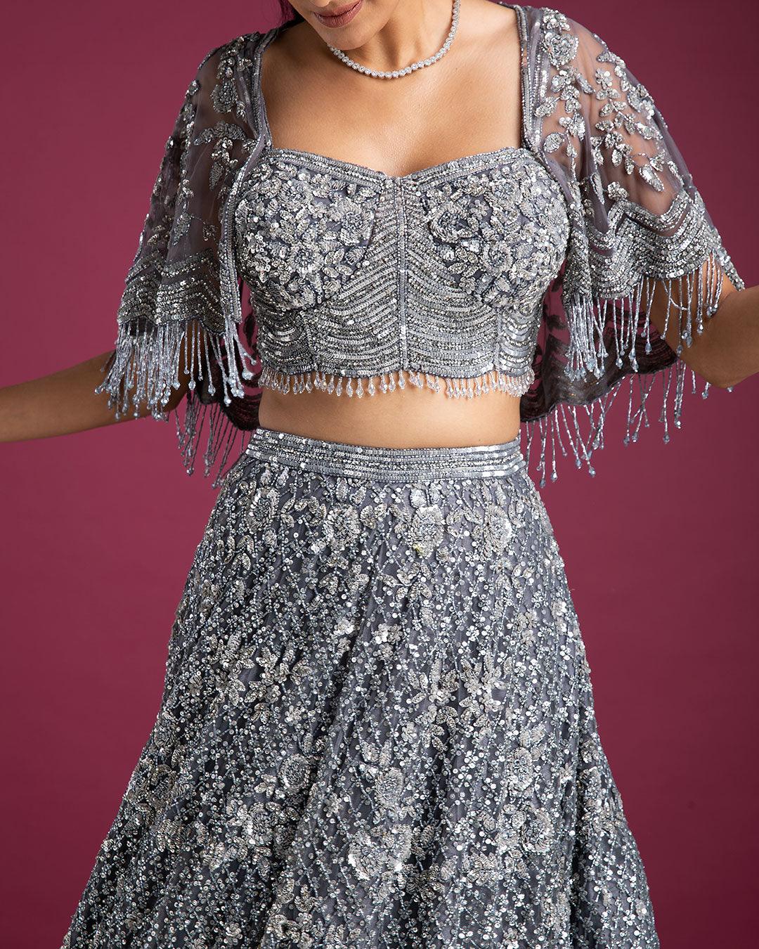 Smoky Grey Lehenga Set With Cape Blouse - Mokshaa