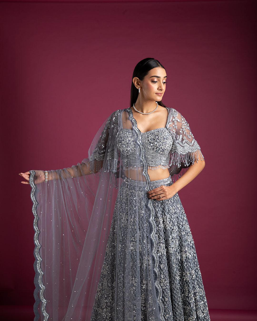 Smoky Grey Lehenga Set With Cape Blouse - Mokshaa