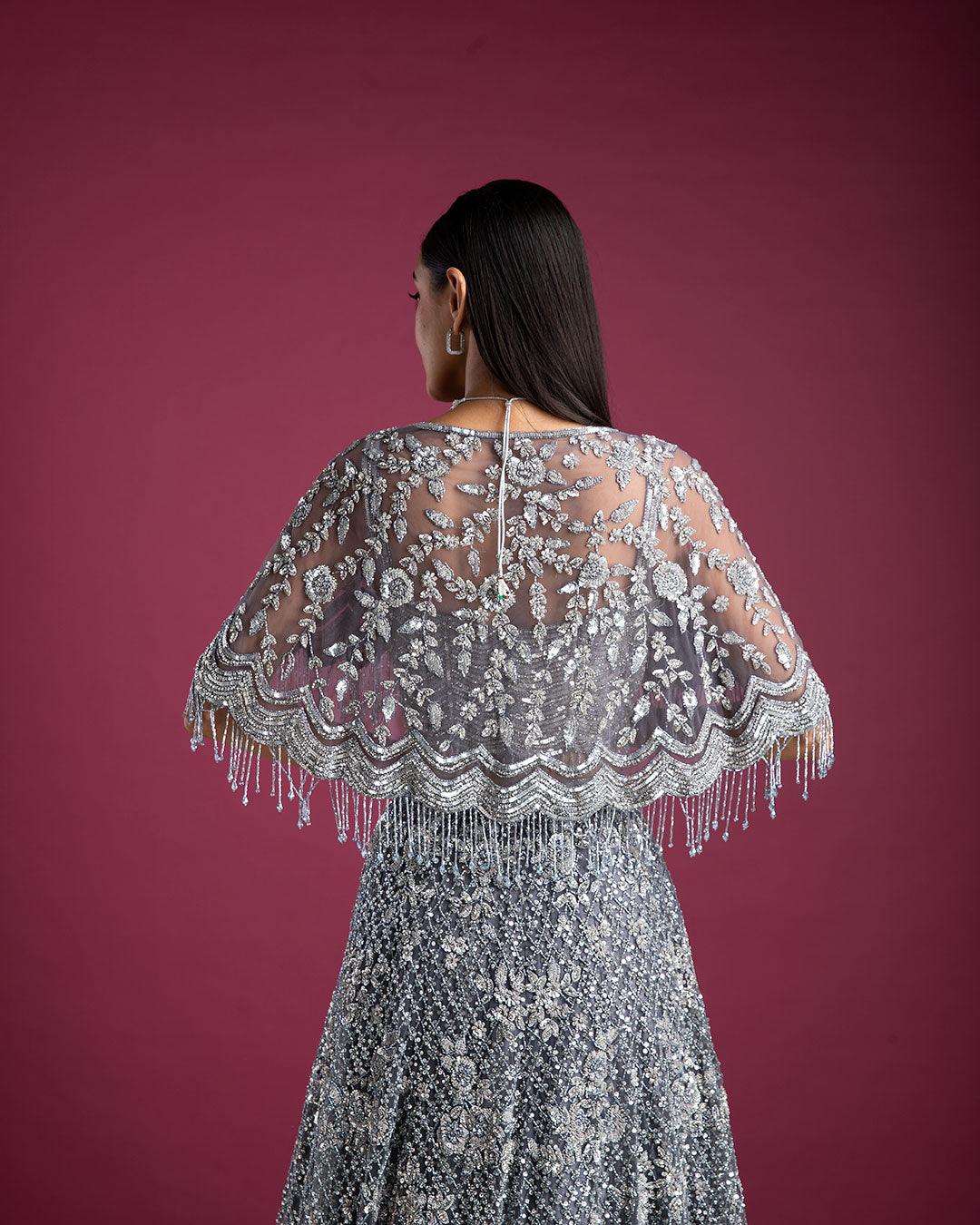 Smoky Grey Lehenga Set With Cape Blouse - Mokshaa