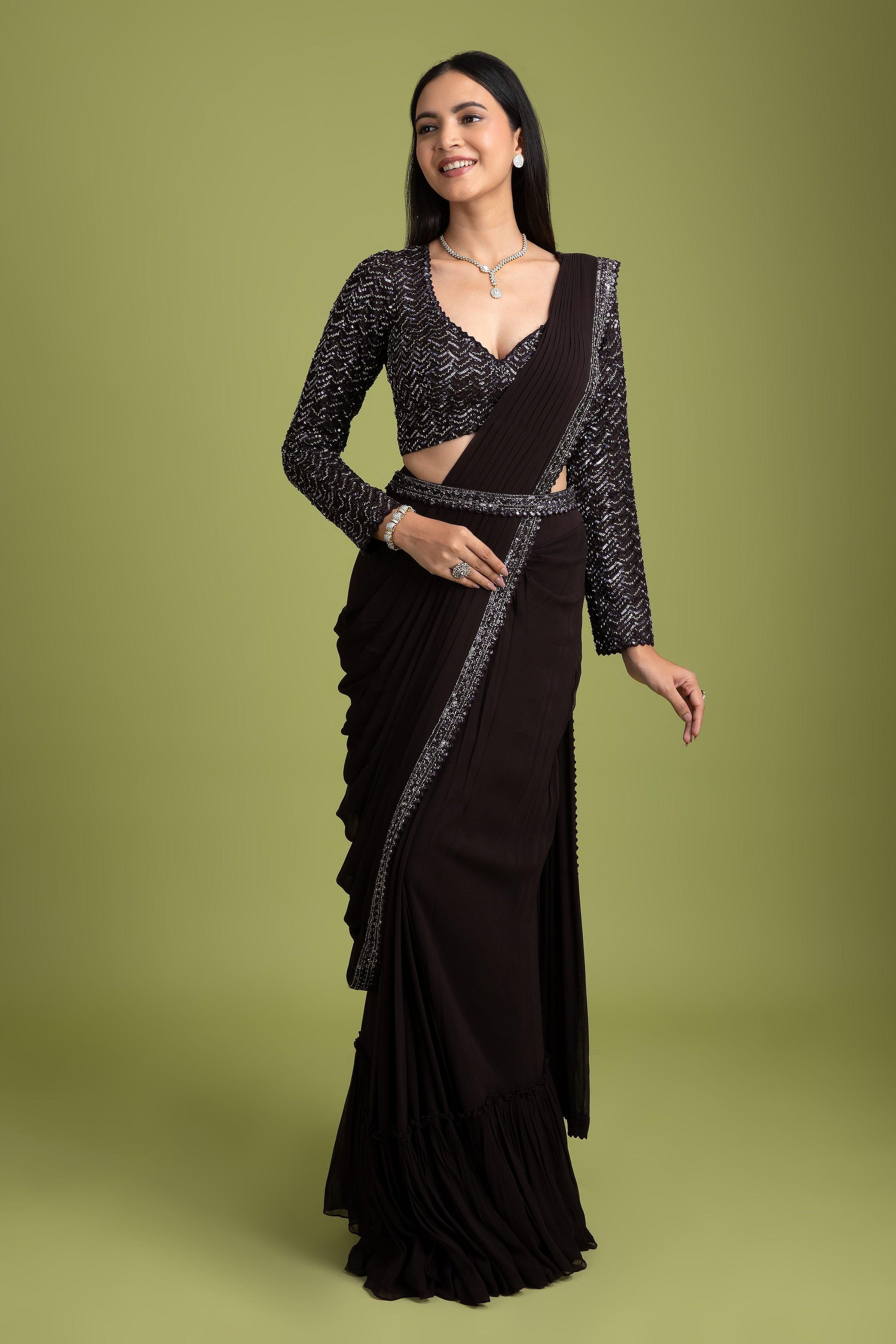 Dark Brown Georgette Drape Saree - Mokshaa