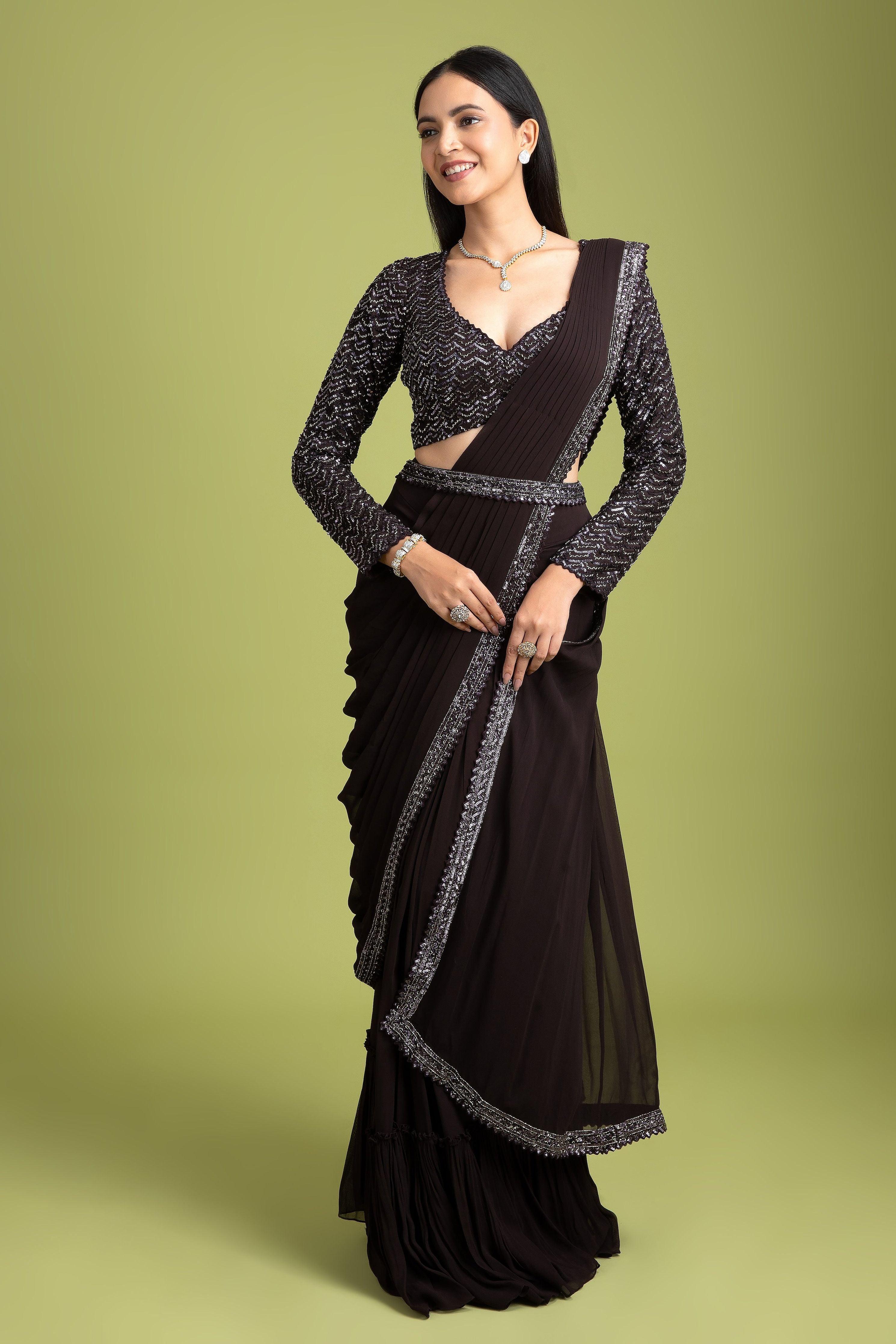 Dark Brown Georgette Drape Saree - Mokshaa