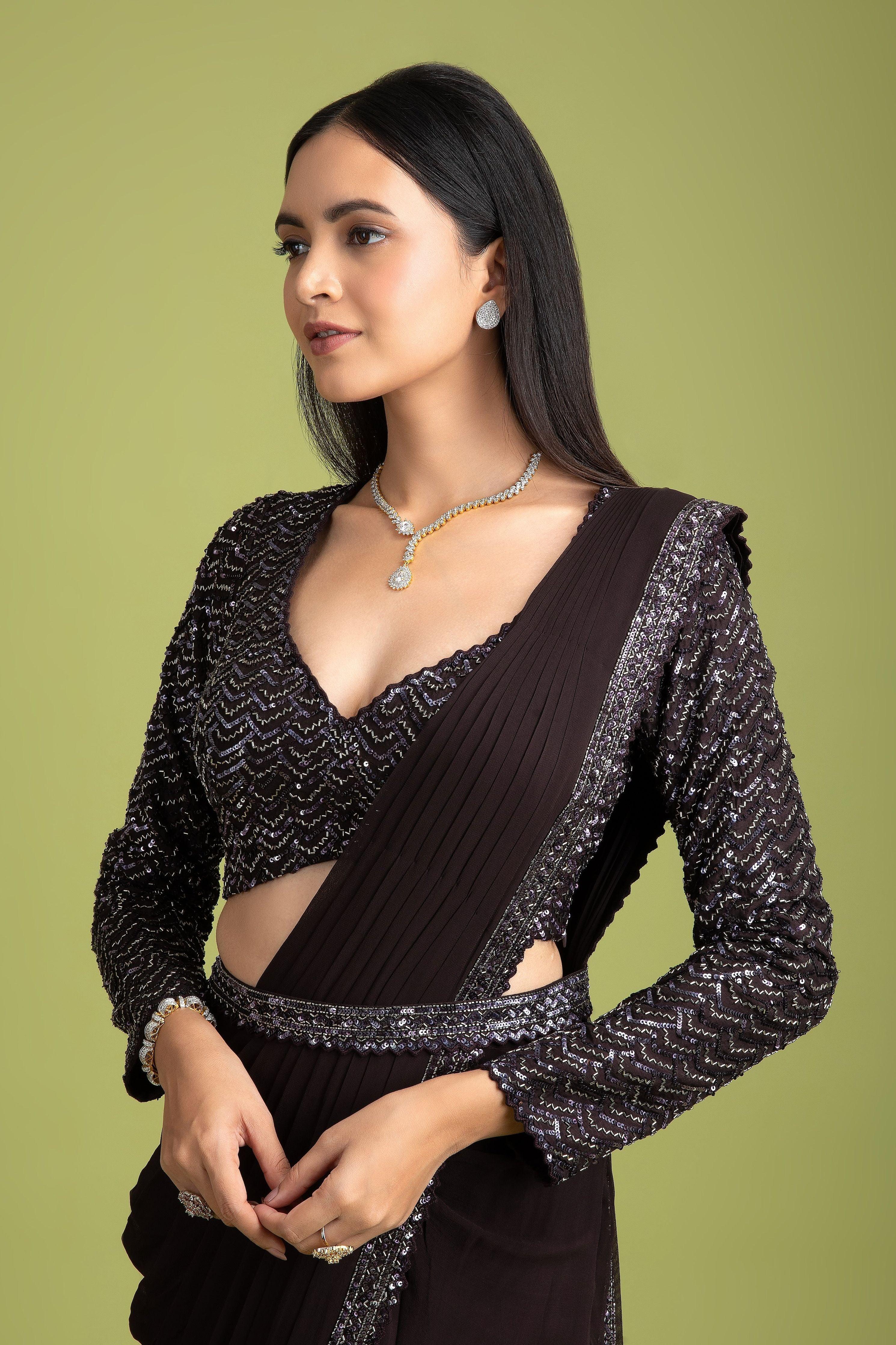 Dark Brown Georgette Drape Saree - Mokshaa