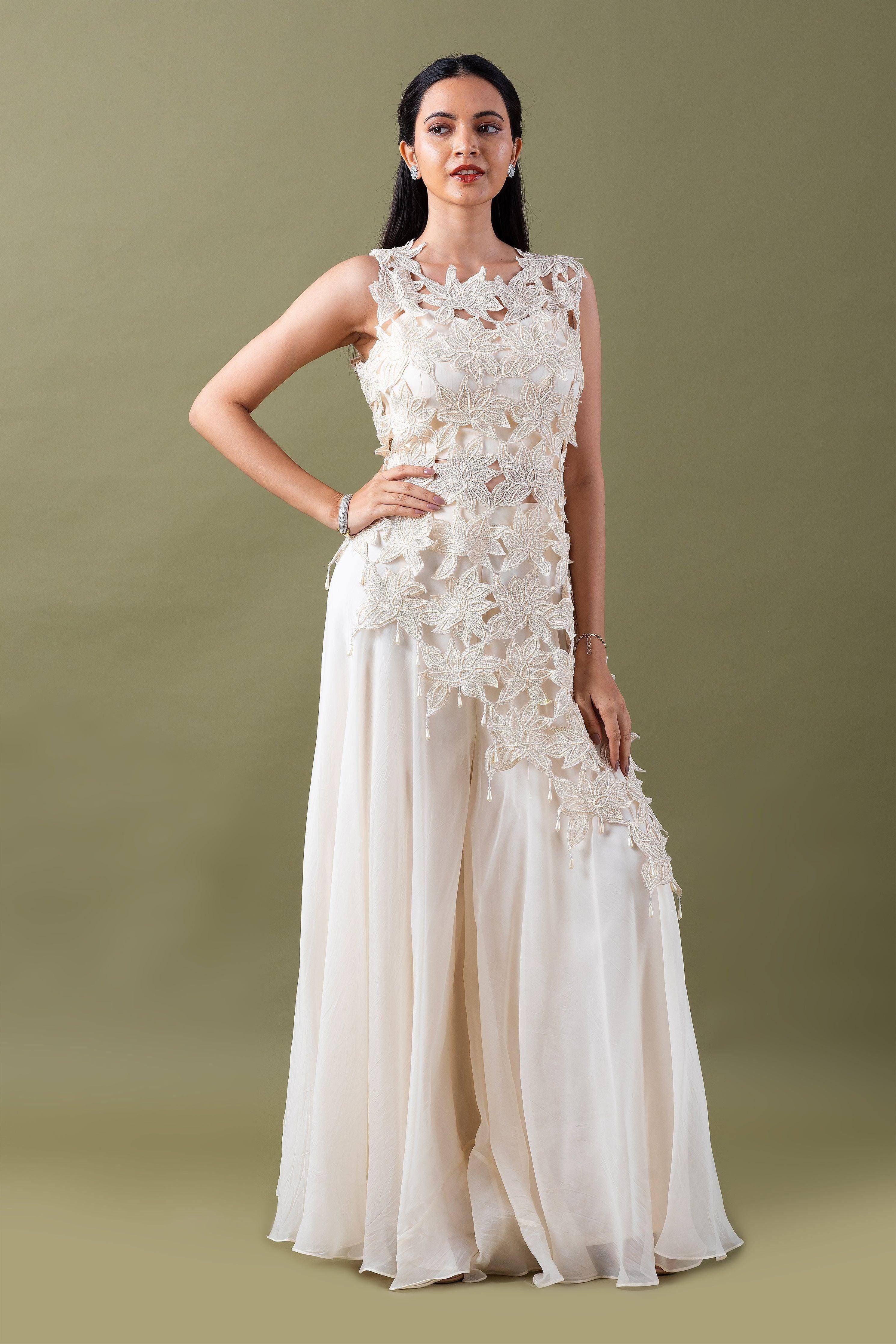 Ivory Floral Applique Co-Ord Set - Mokshaa