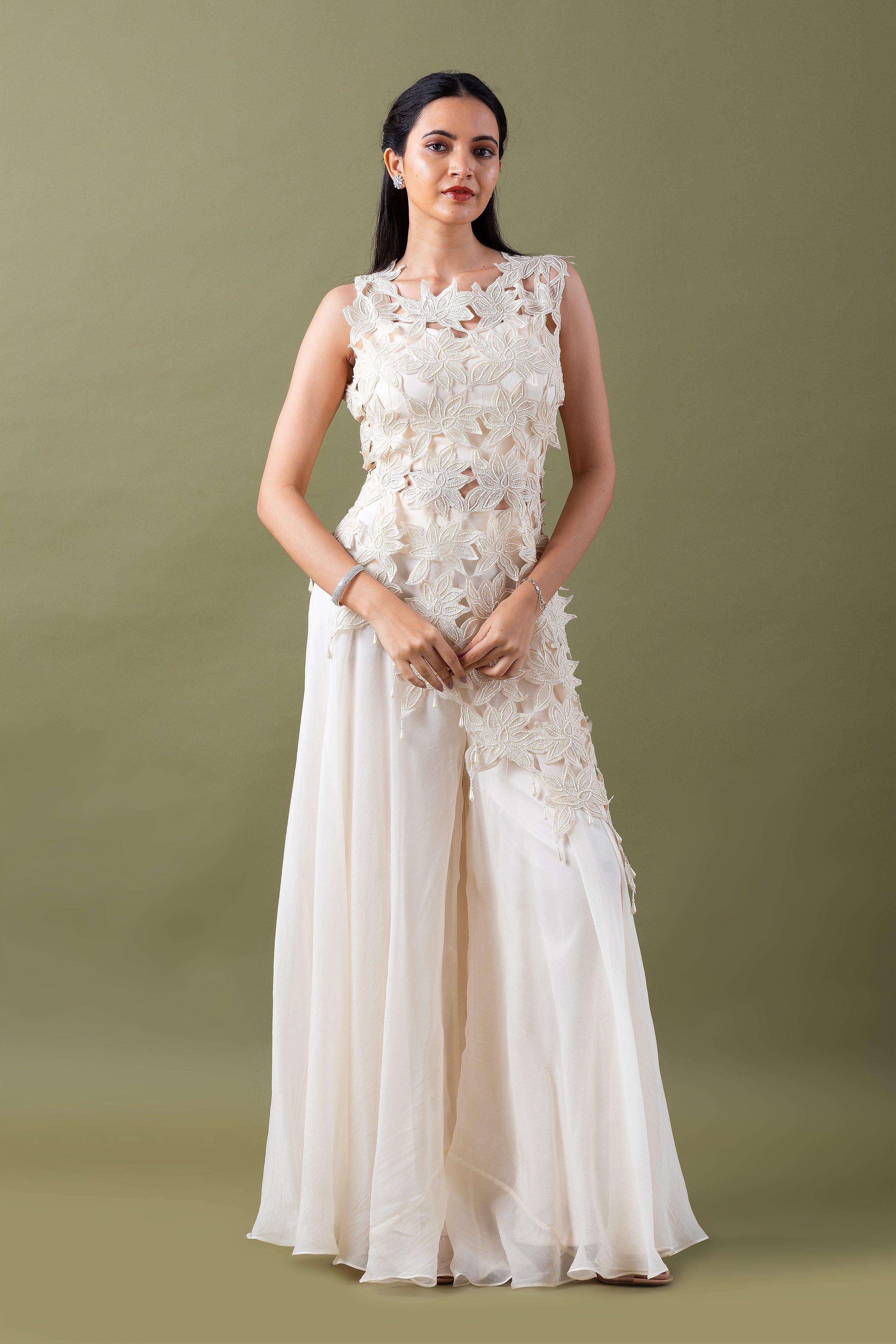 Ivory Floral Applique Co-Ord Set - Mokshaa