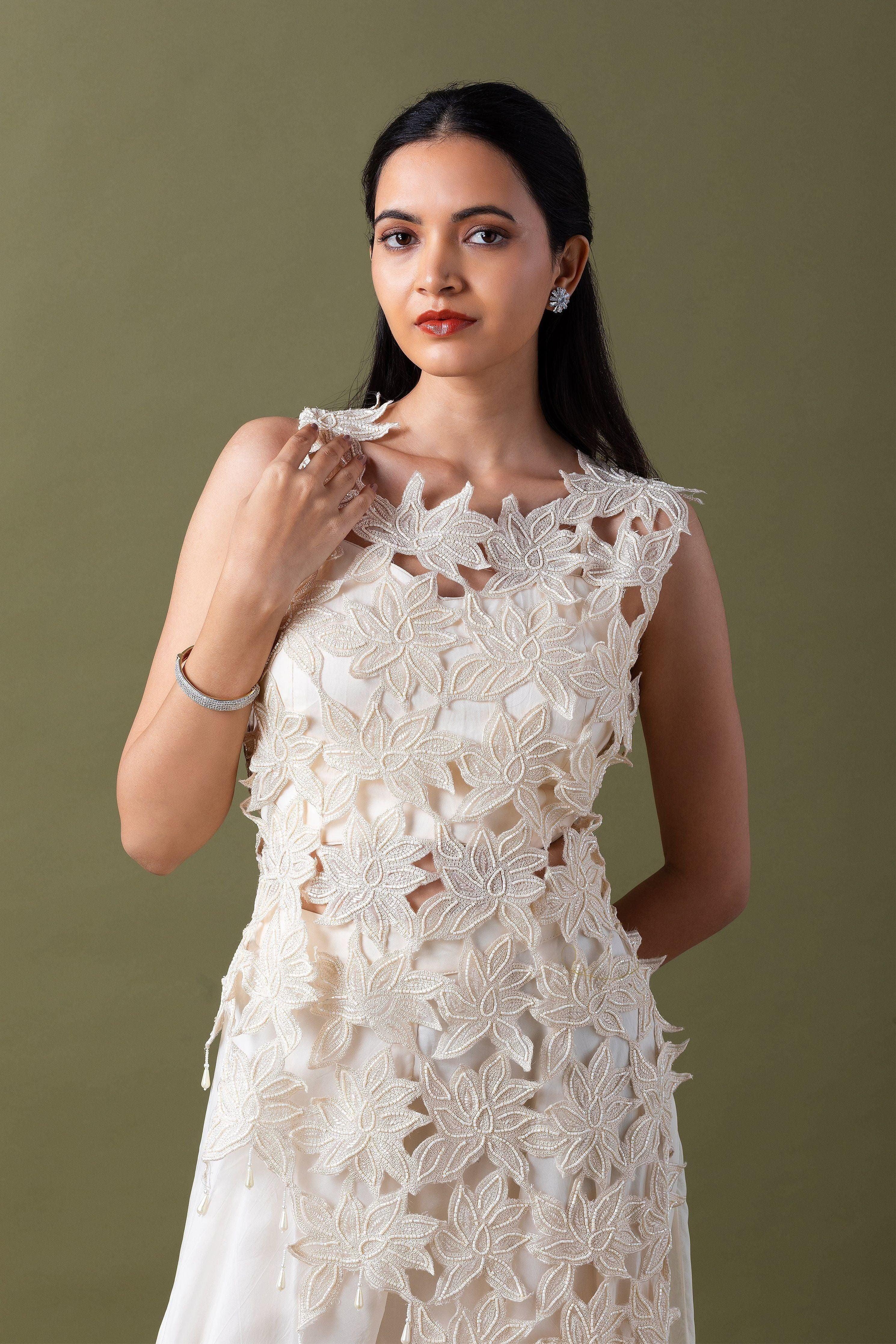 Ivory Floral Applique Co-Ord Set - Mokshaa