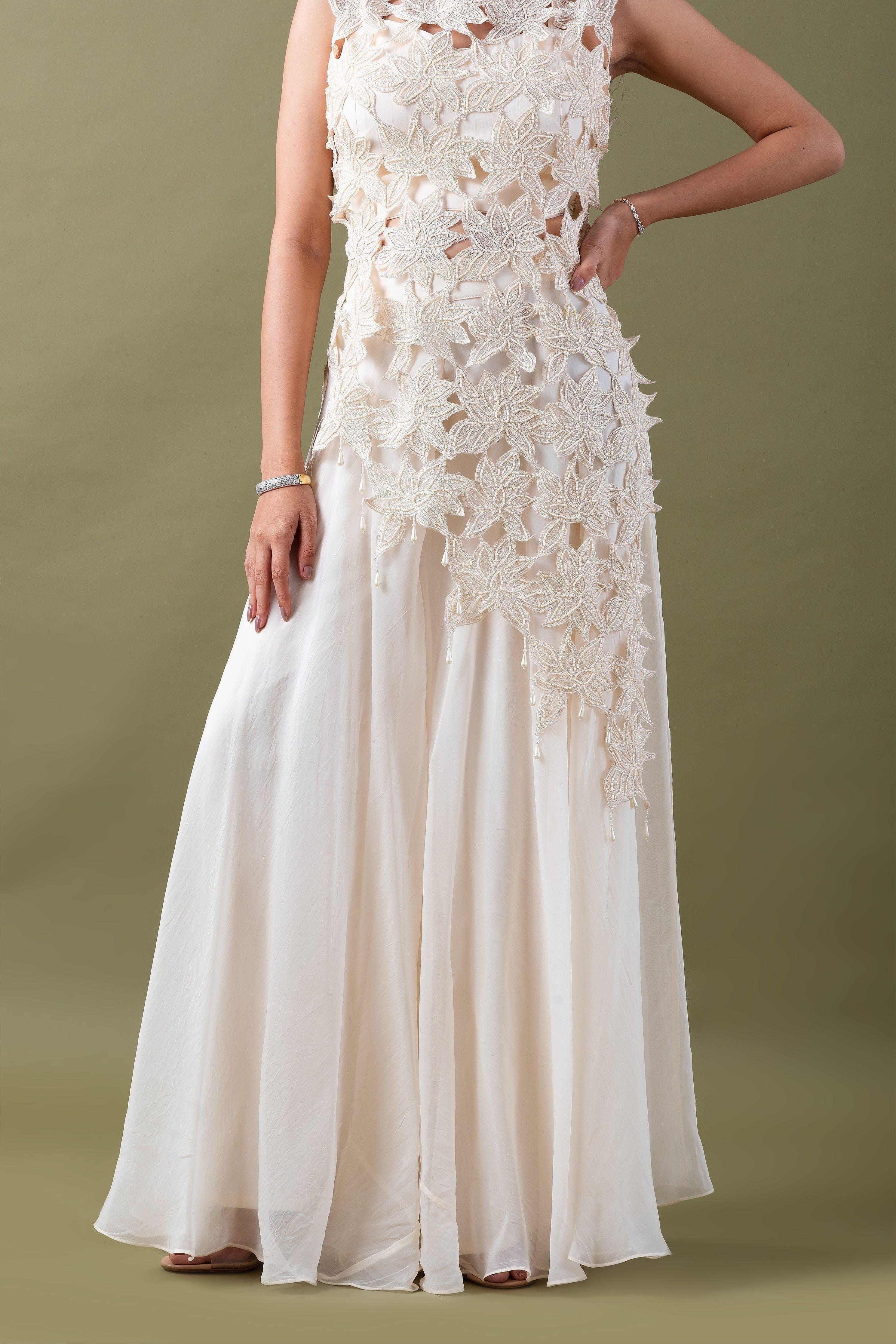 Ivory Floral Applique Co-Ord Set - Mokshaa