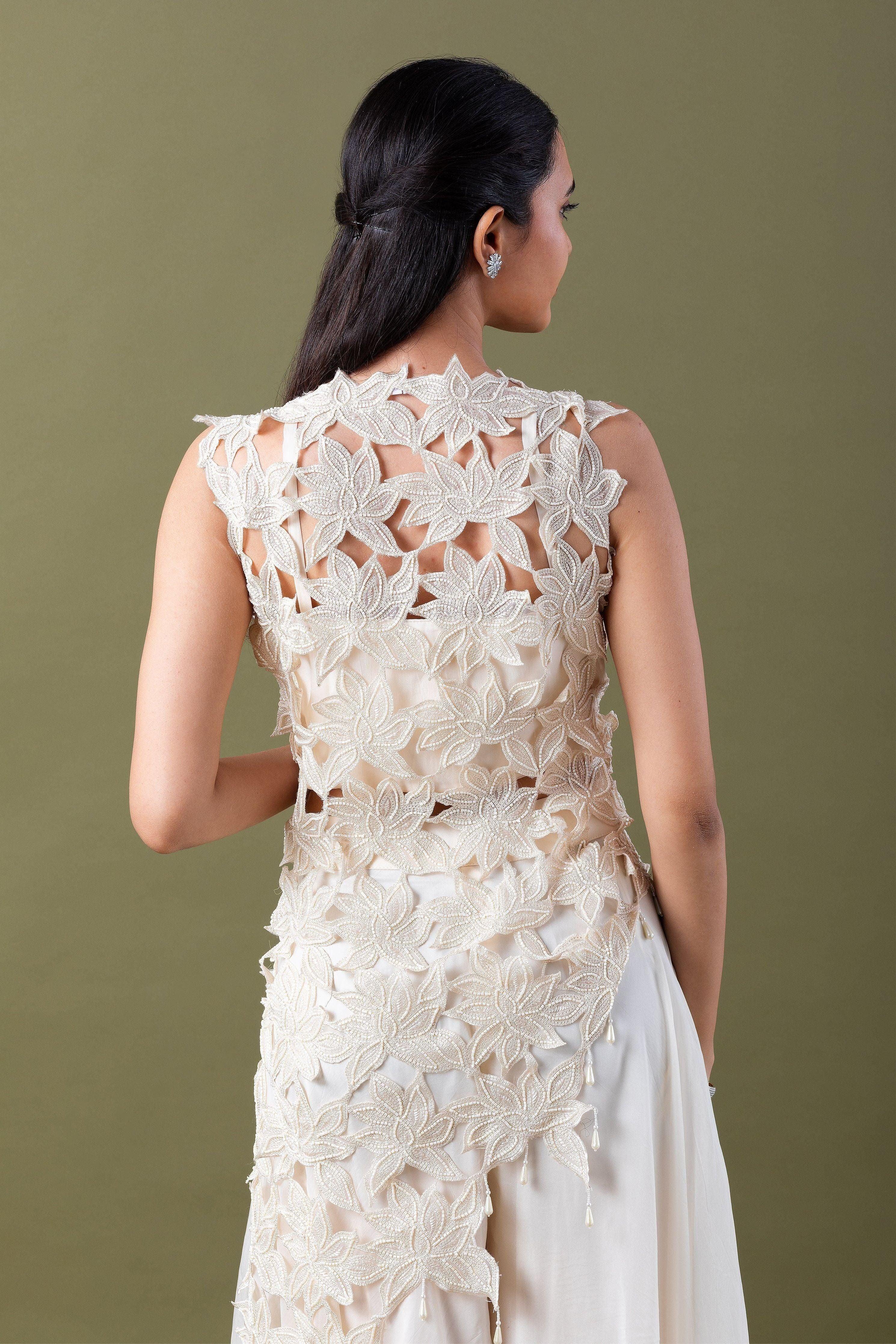 Ivory Floral Applique Co-Ord Set - Mokshaa