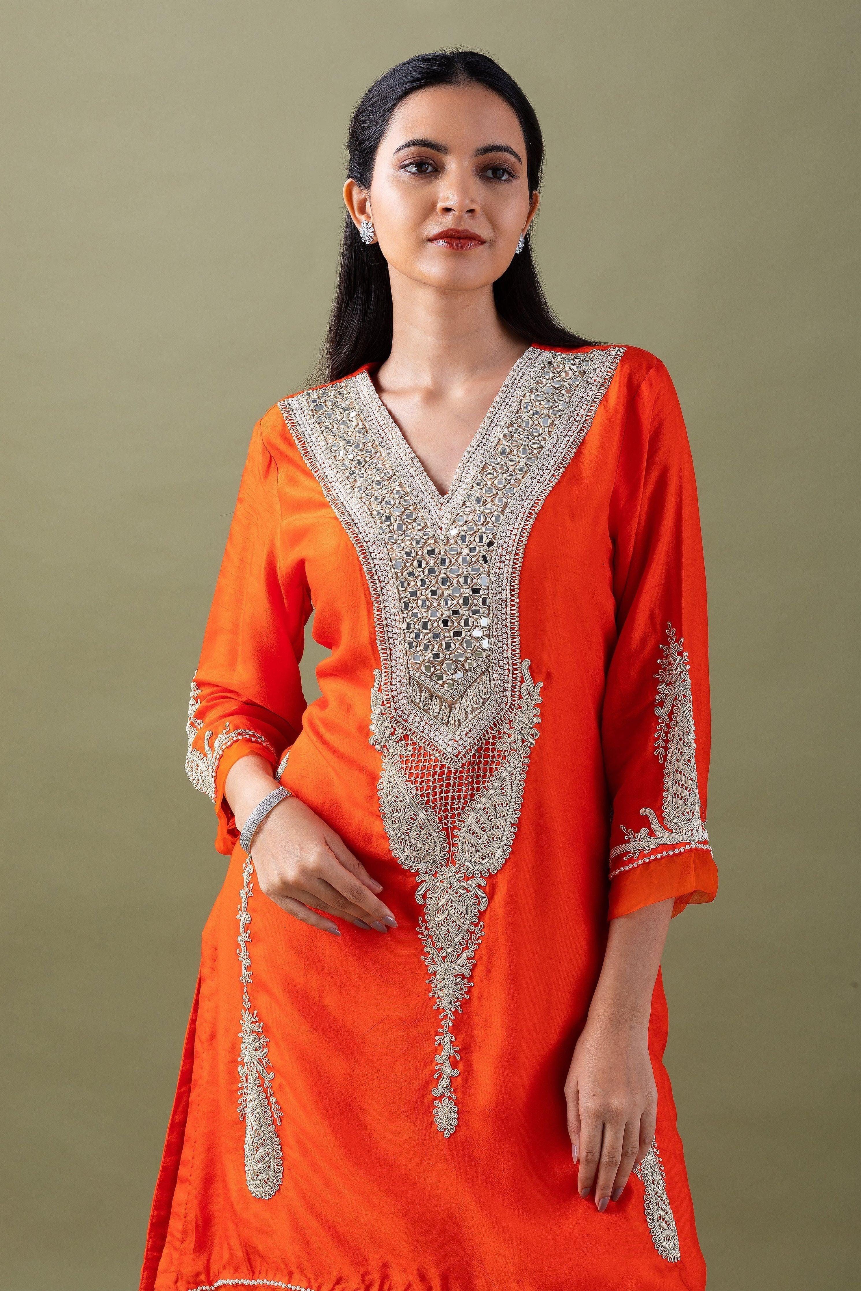 Orange Embroidered Kurta Set - Mokshaa