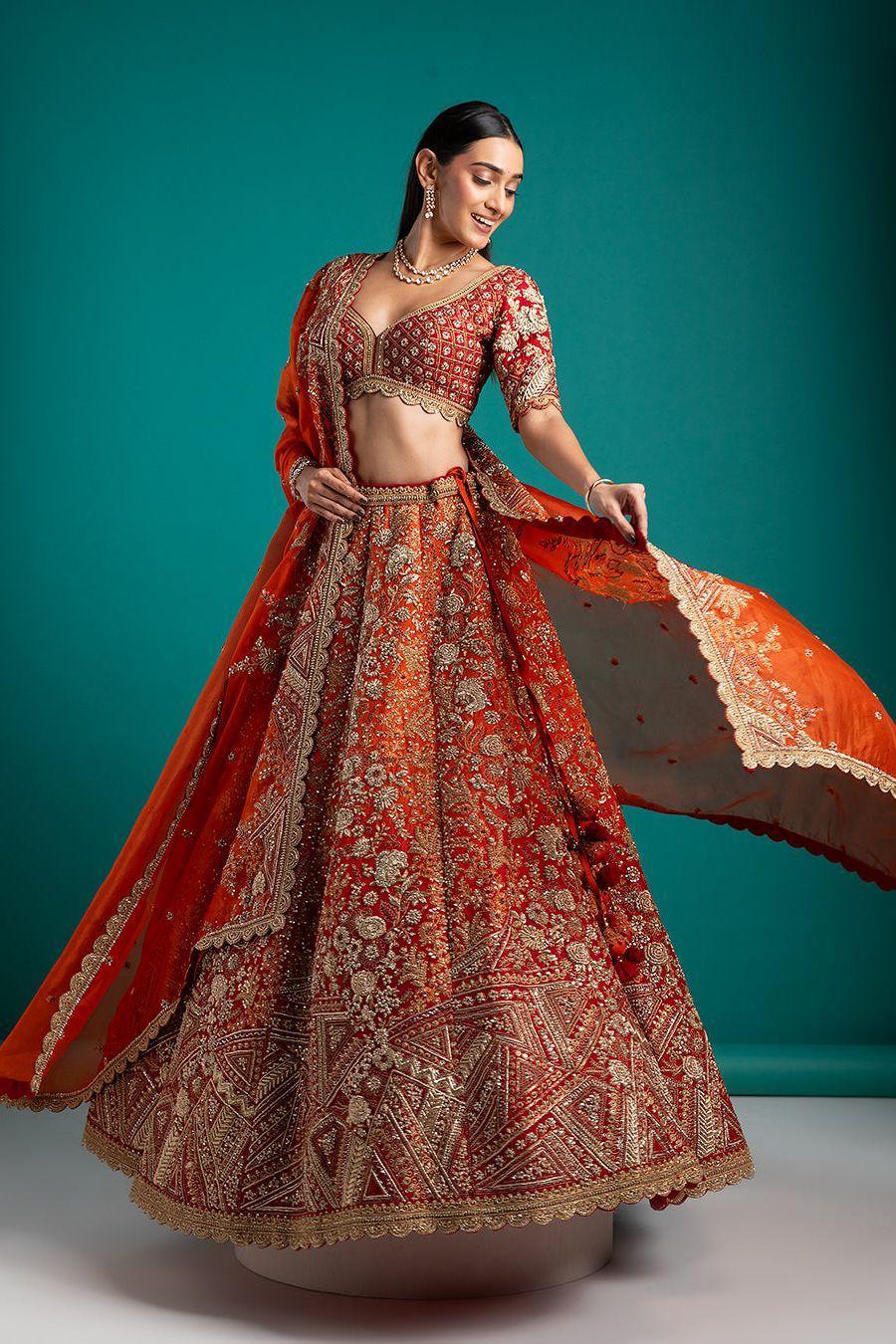 Crimson And Orange Embroidered Bridal Lehenga - Mokshaa