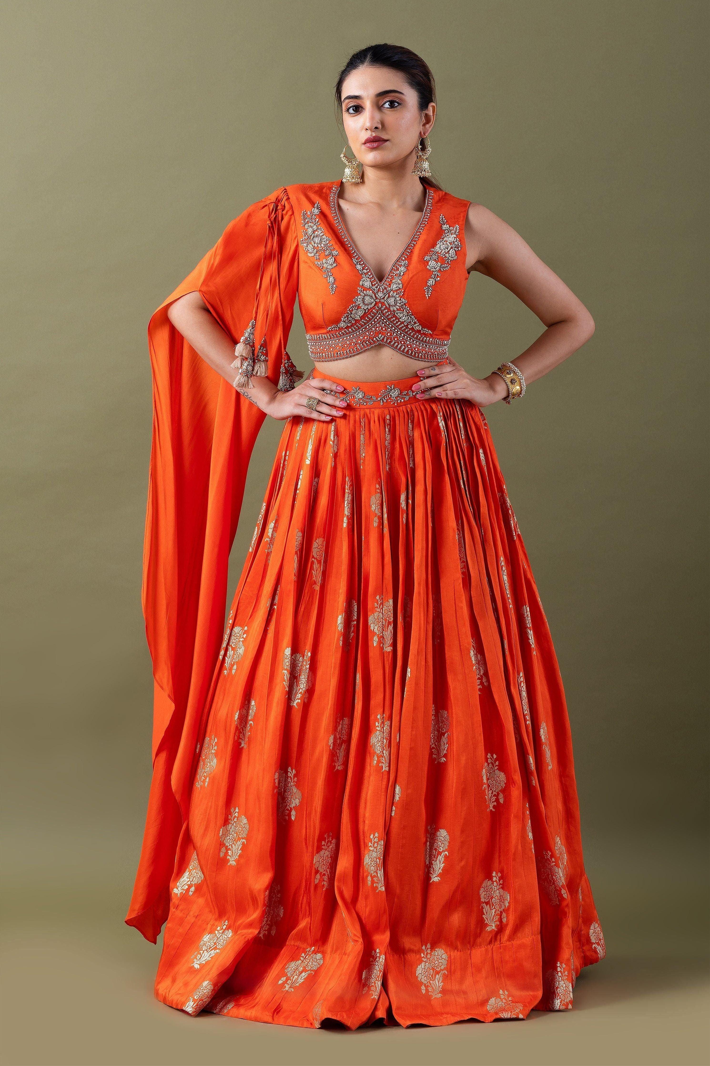 Orange Embroidered Lehenga Set - Mokshaa