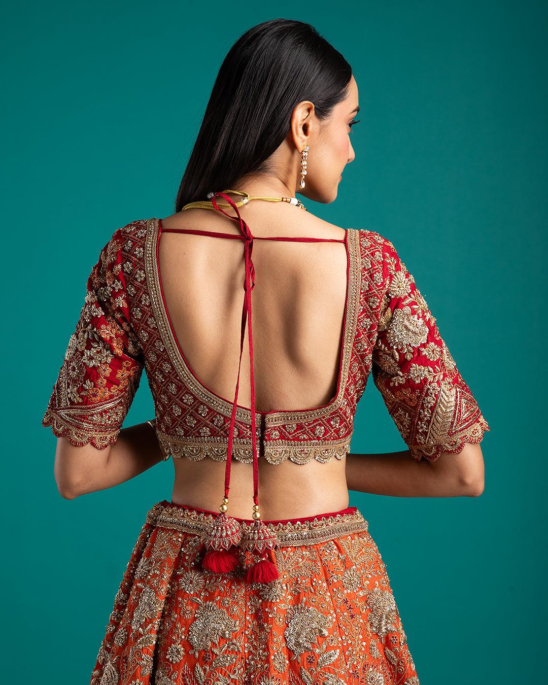 Crimson And Orange Embroidered Bridal Lehenga - Mokshaa
