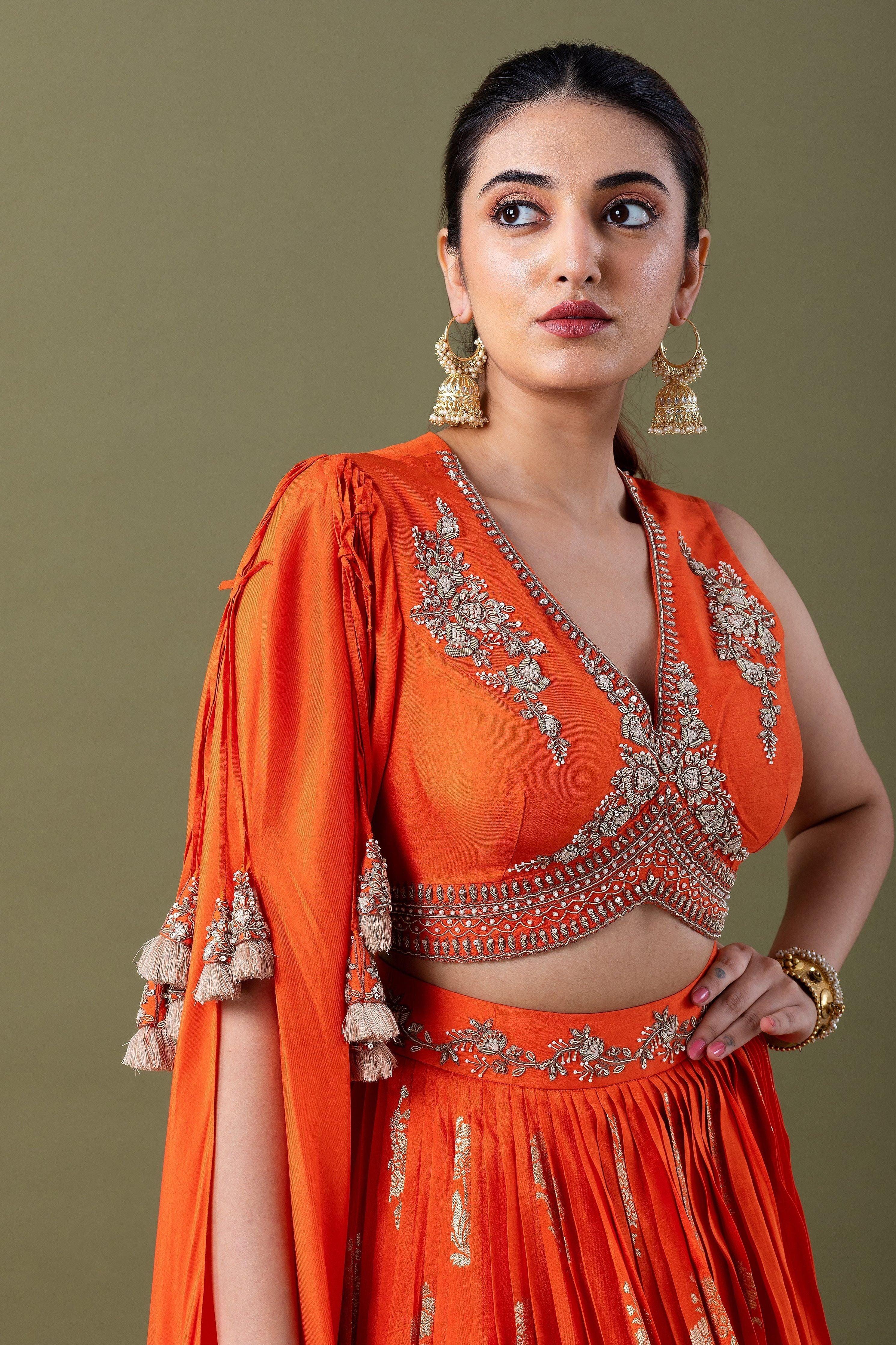 Orange Embroidered Lehenga Set - Mokshaa