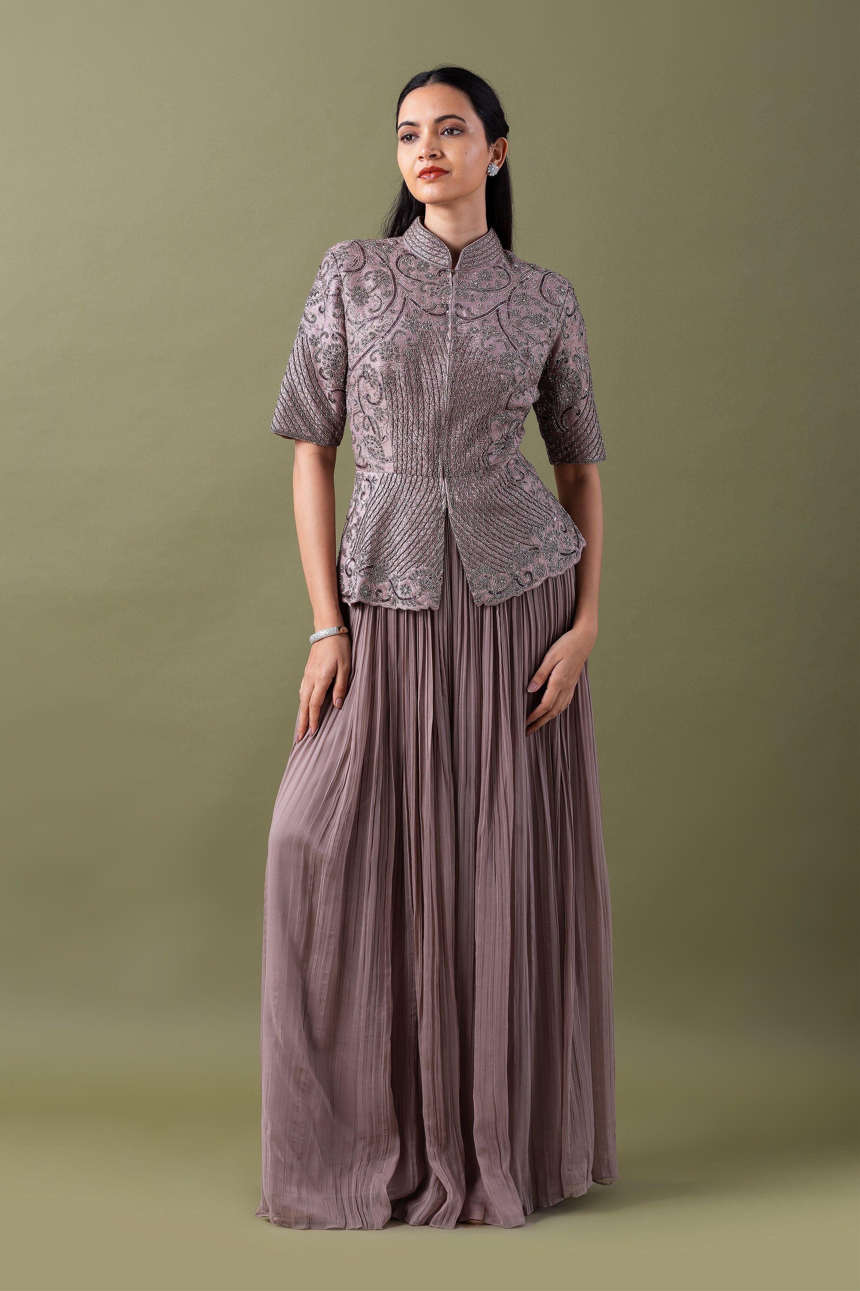Taupe Embroidered Jacket And Pleated Skirt Set - Mokshaa