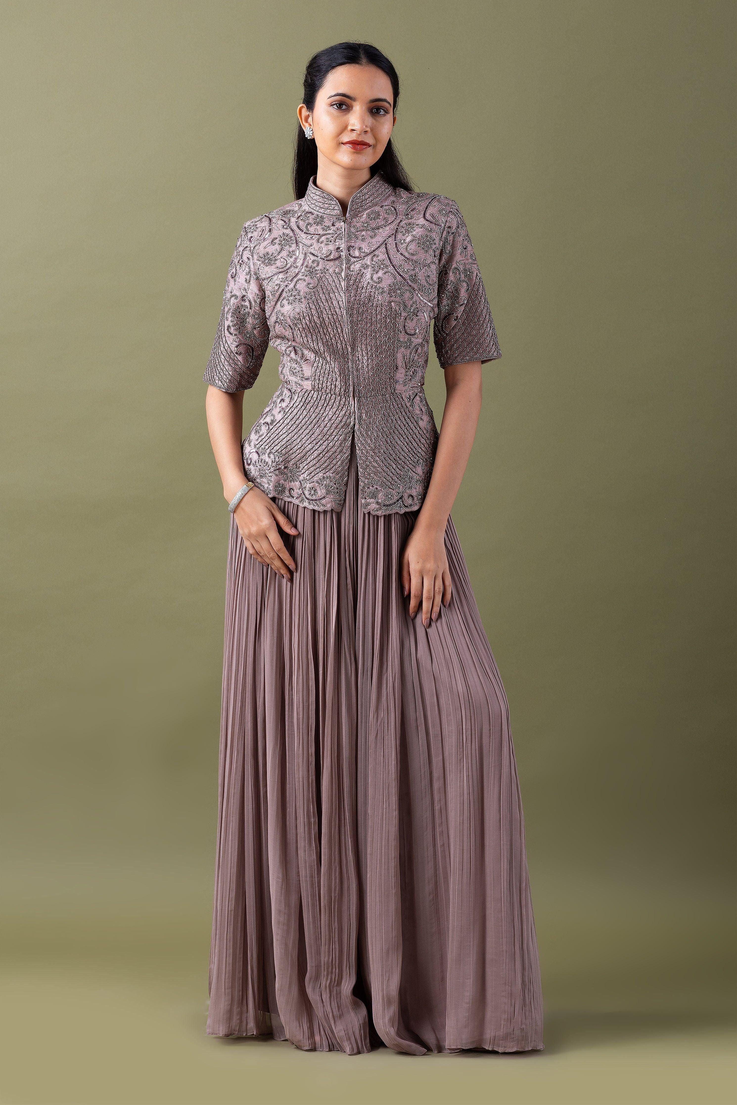 Taupe Embroidered Jacket And Pleated Skirt Set - Mokshaa