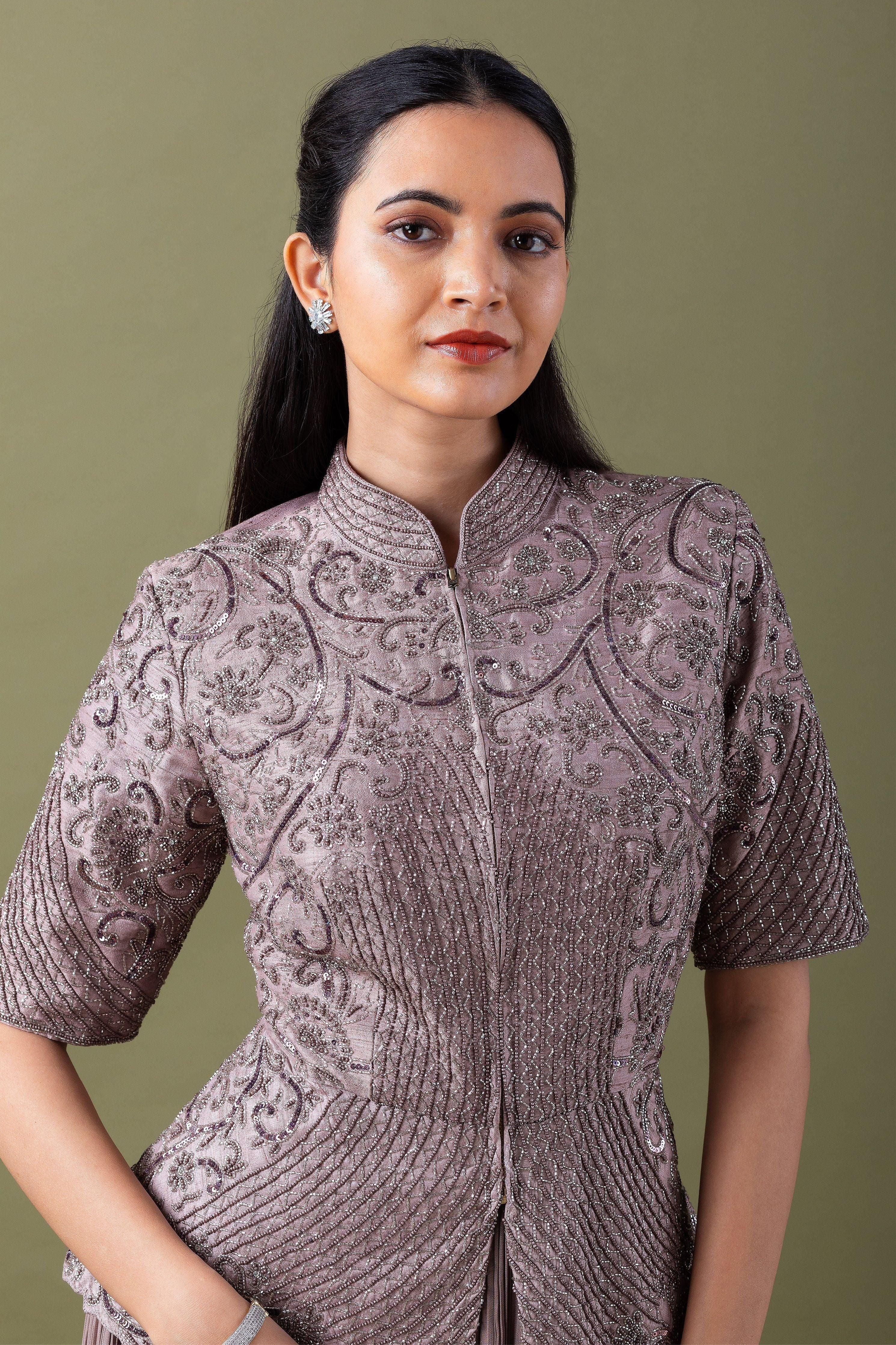 Taupe Embroidered Jacket And Pleated Skirt Set - Mokshaa