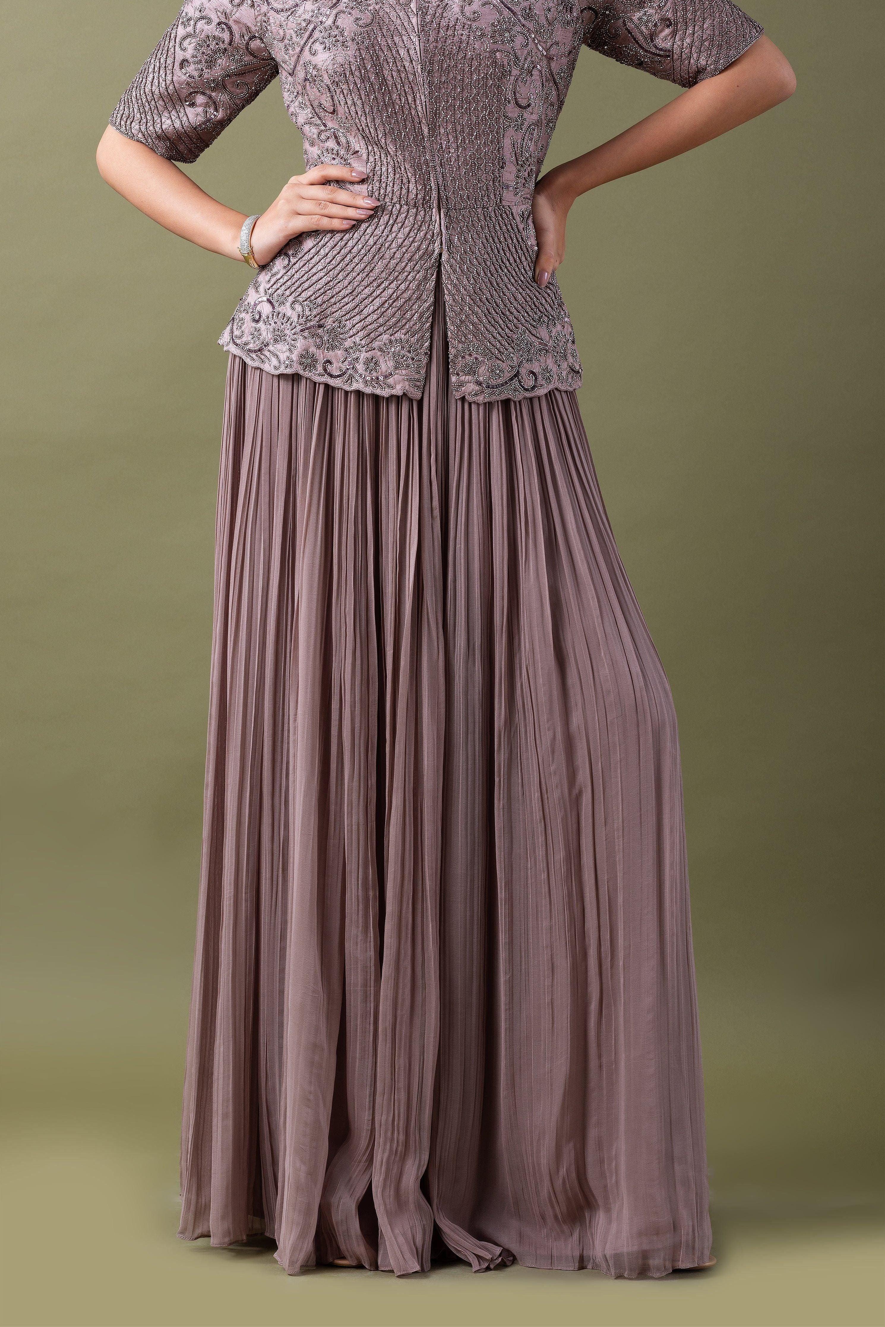 Taupe Embroidered Jacket And Pleated Skirt Set - Mokshaa
