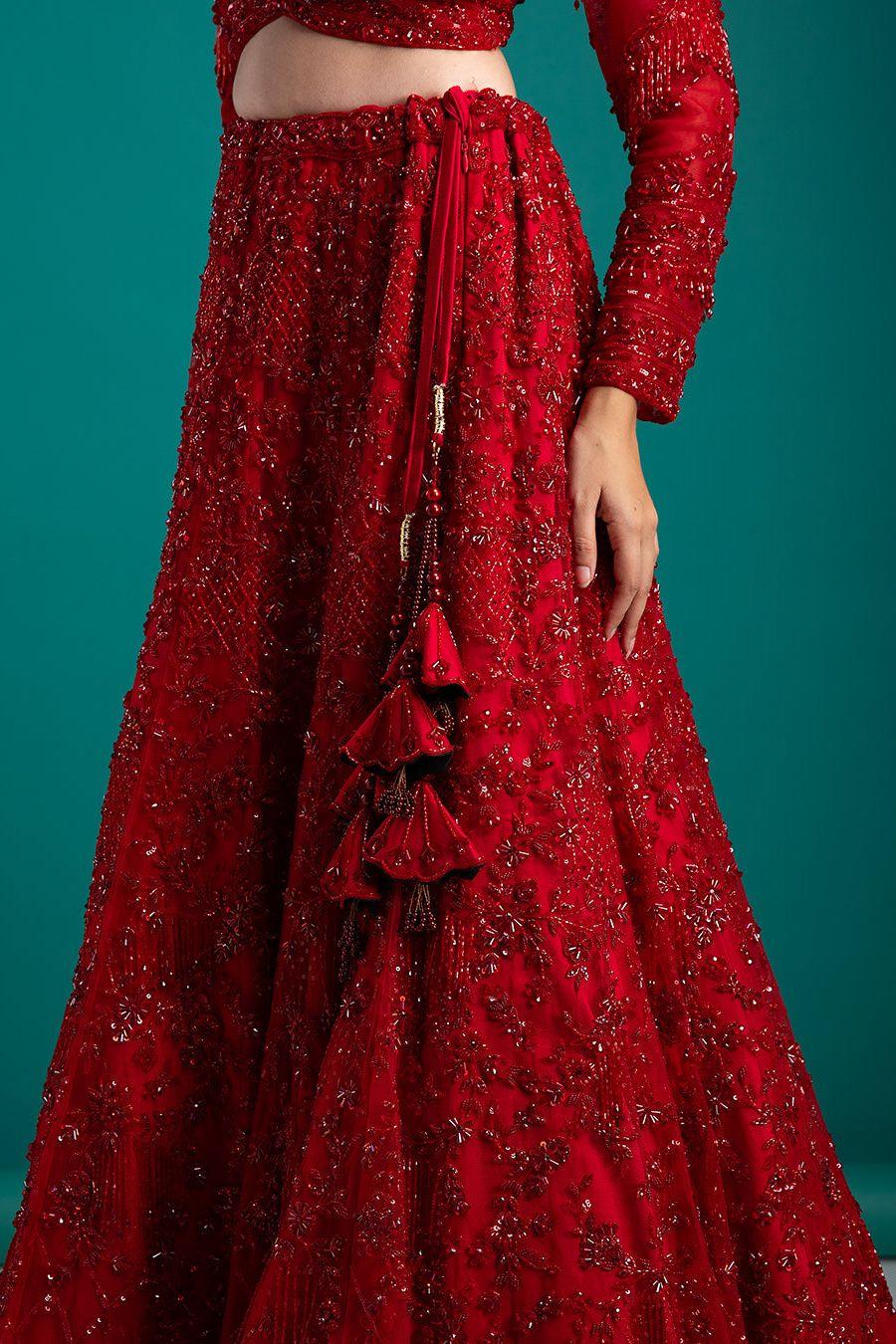 Ruby Red Embellished Lehenga With Exquisite Detailing - Mokshaa
