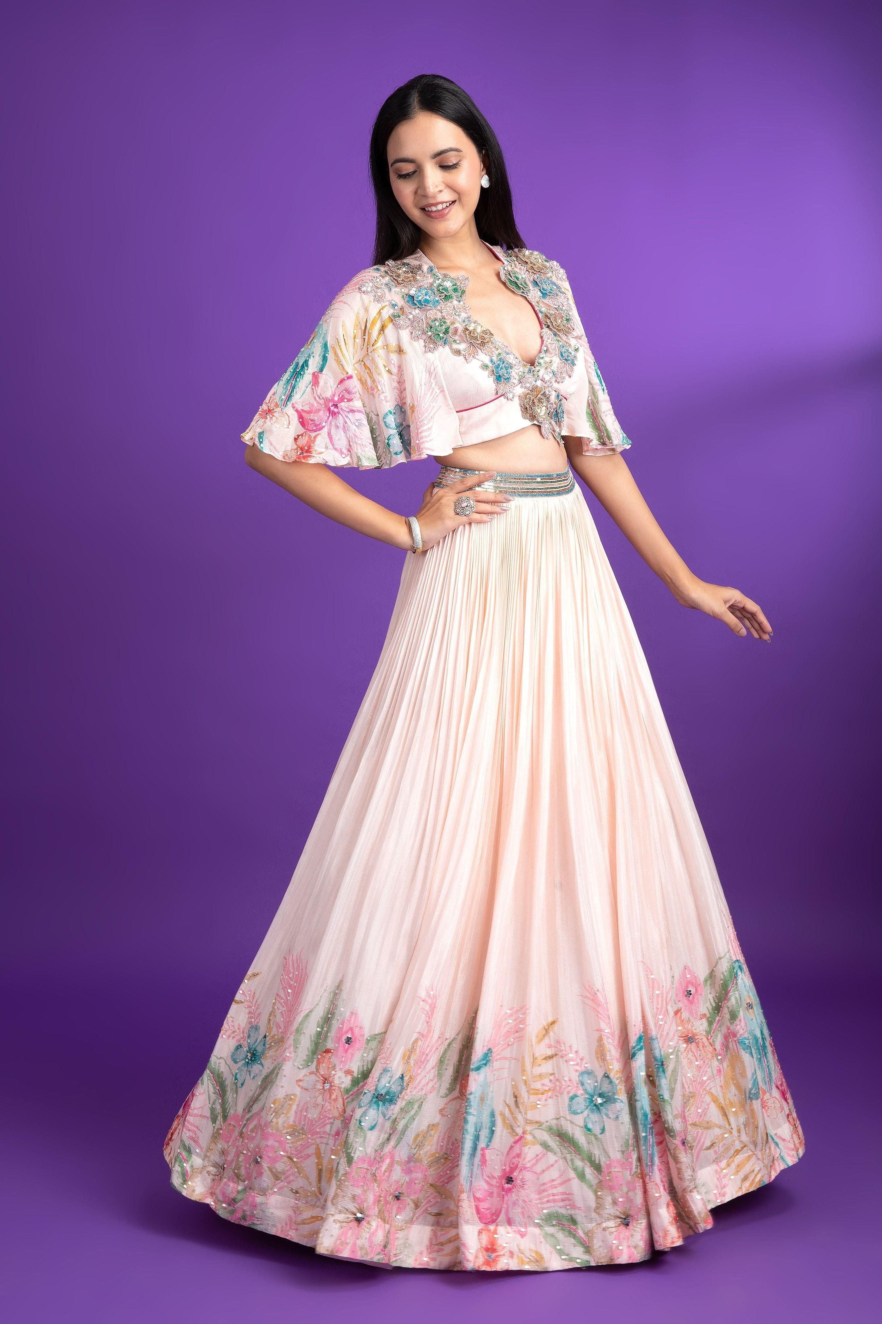 Pink Crepe Floral Printed Lehenga - Mokshaa
