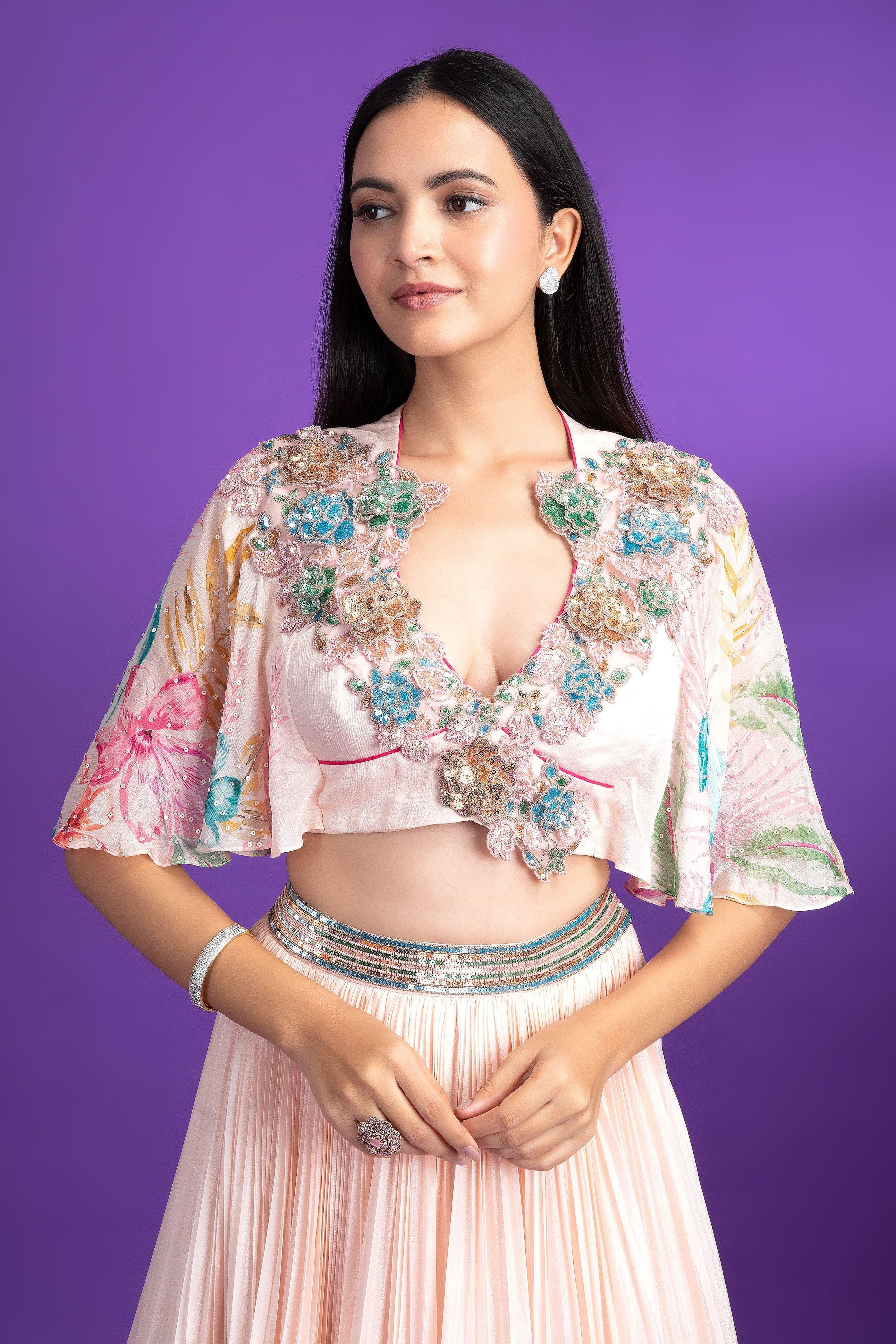 Pink Crepe Floral Printed Lehenga - Mokshaa