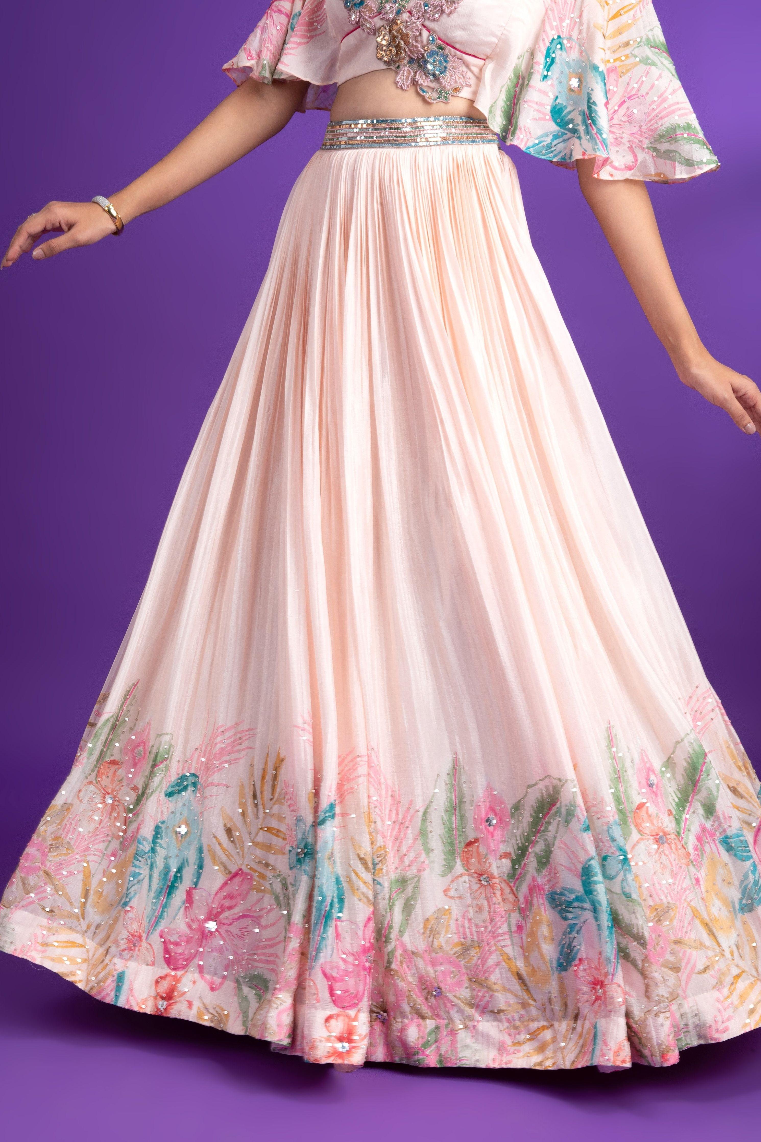 Pink Crepe Floral Printed Lehenga - Mokshaa