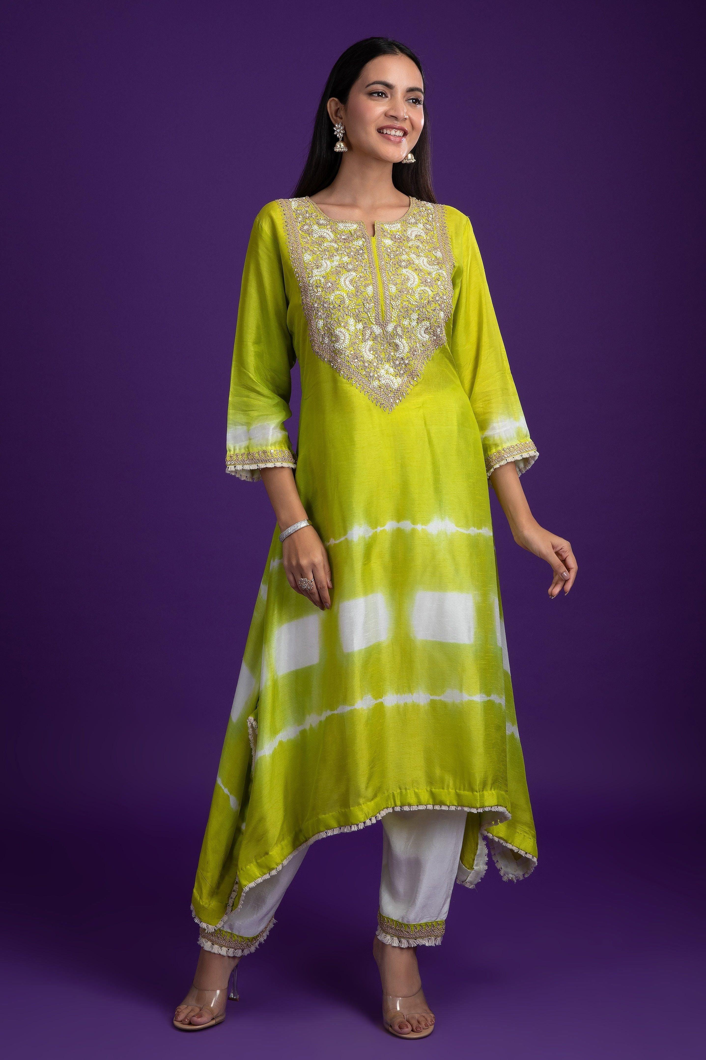 Green Tie-Dye Silk Kurti Set - Mokshaa