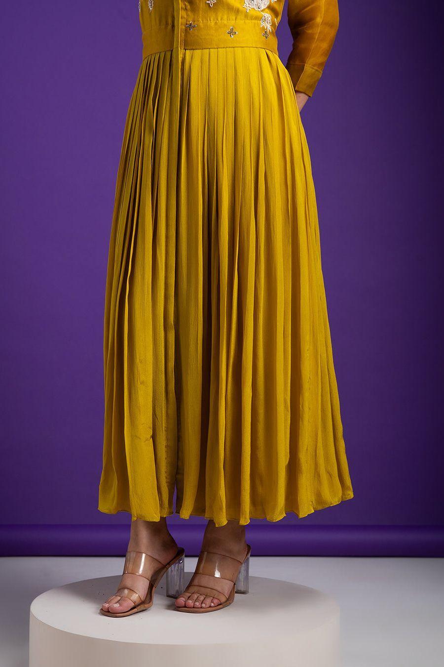 Mustard Yellow Embroidered Maxi Dress - Mokshaa