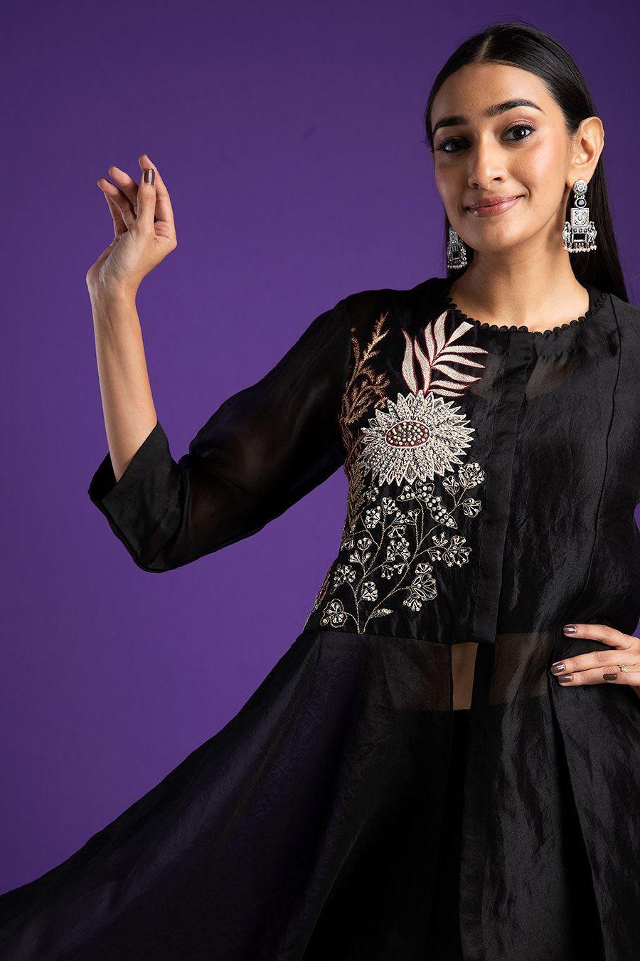 Black Asymmetrical Top And Palazzo Set - Mokshaa