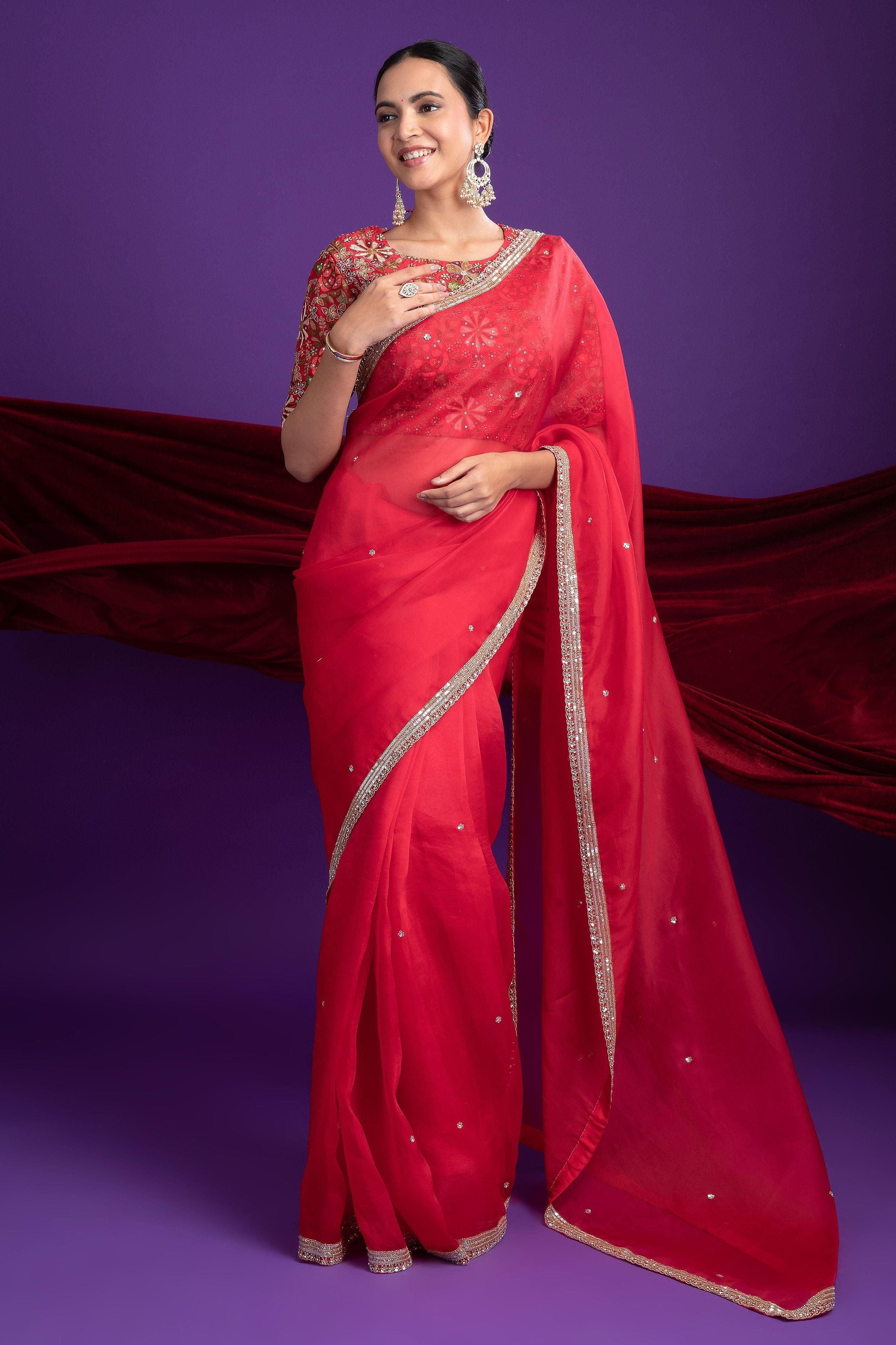 Classic Red Organza Saree With Lace Border - Mokshaa