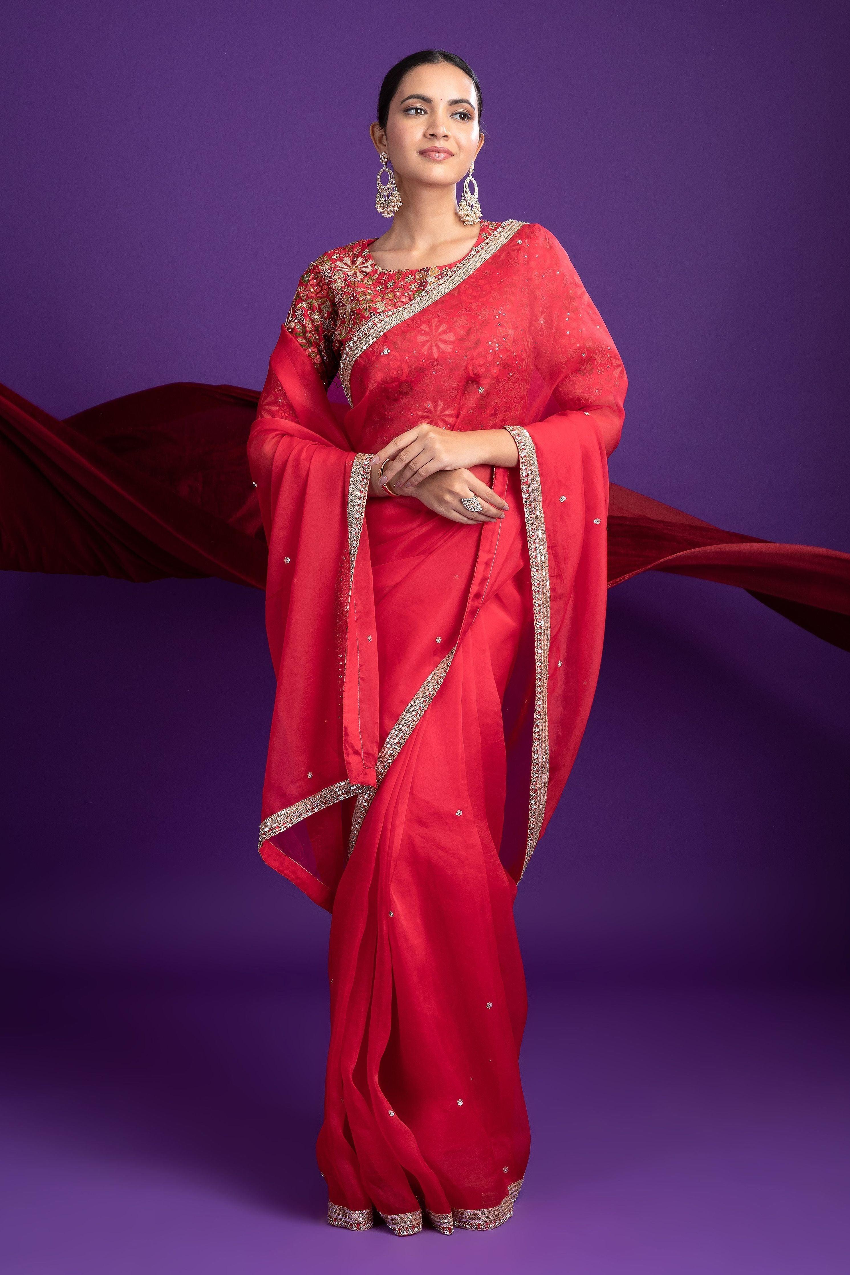Classic Red Organza Saree With Lace Border - Mokshaa