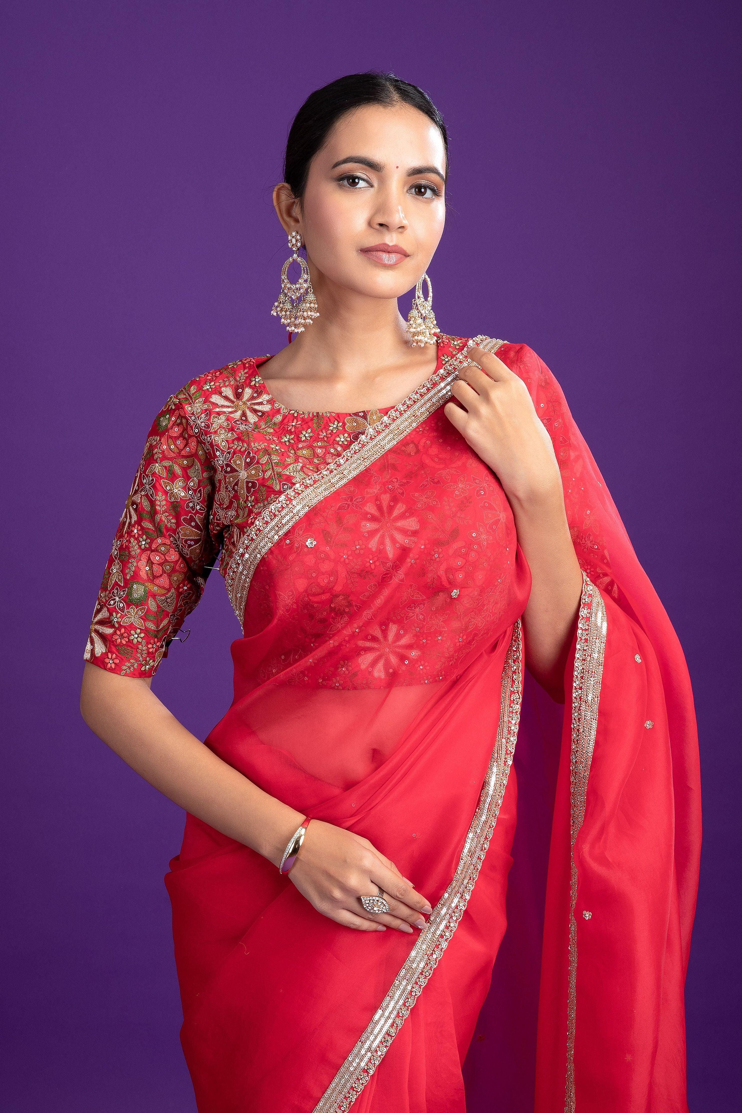 Classic Red Organza Saree With Lace Border - Mokshaa