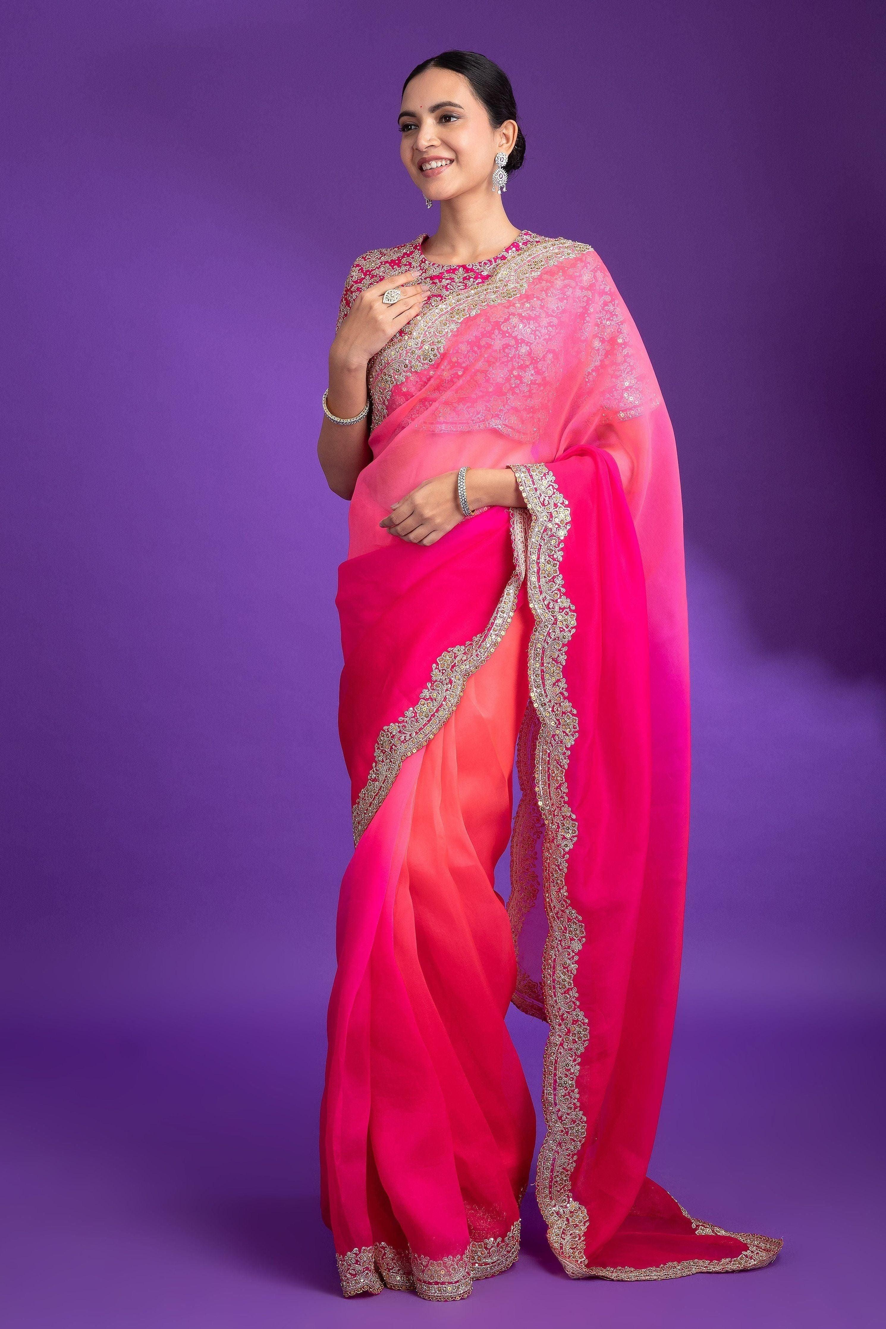Hot Pink Organza Saree With Zari Border - Mokshaa