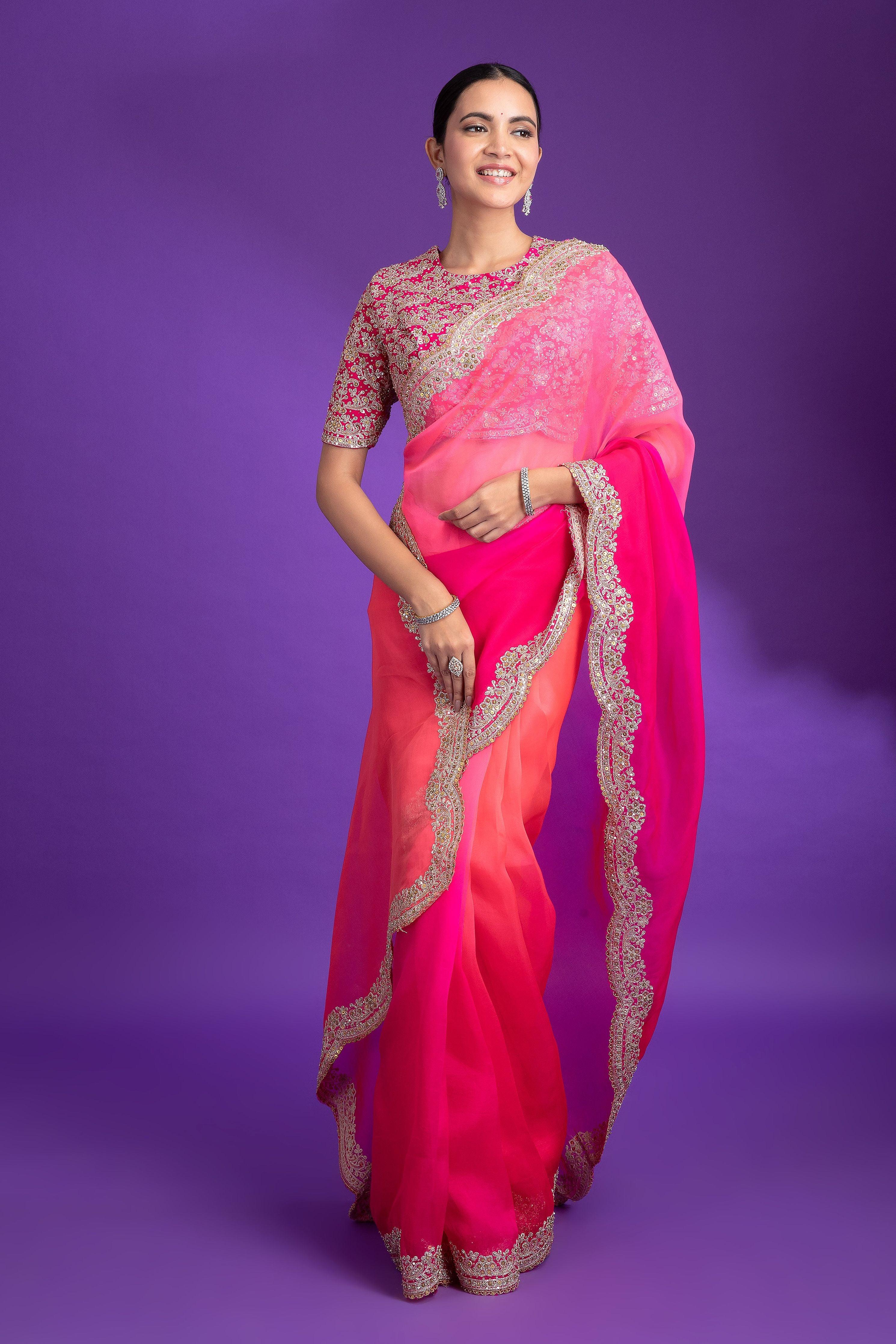 Hot Pink Organza Saree With Zari Border - Mokshaa