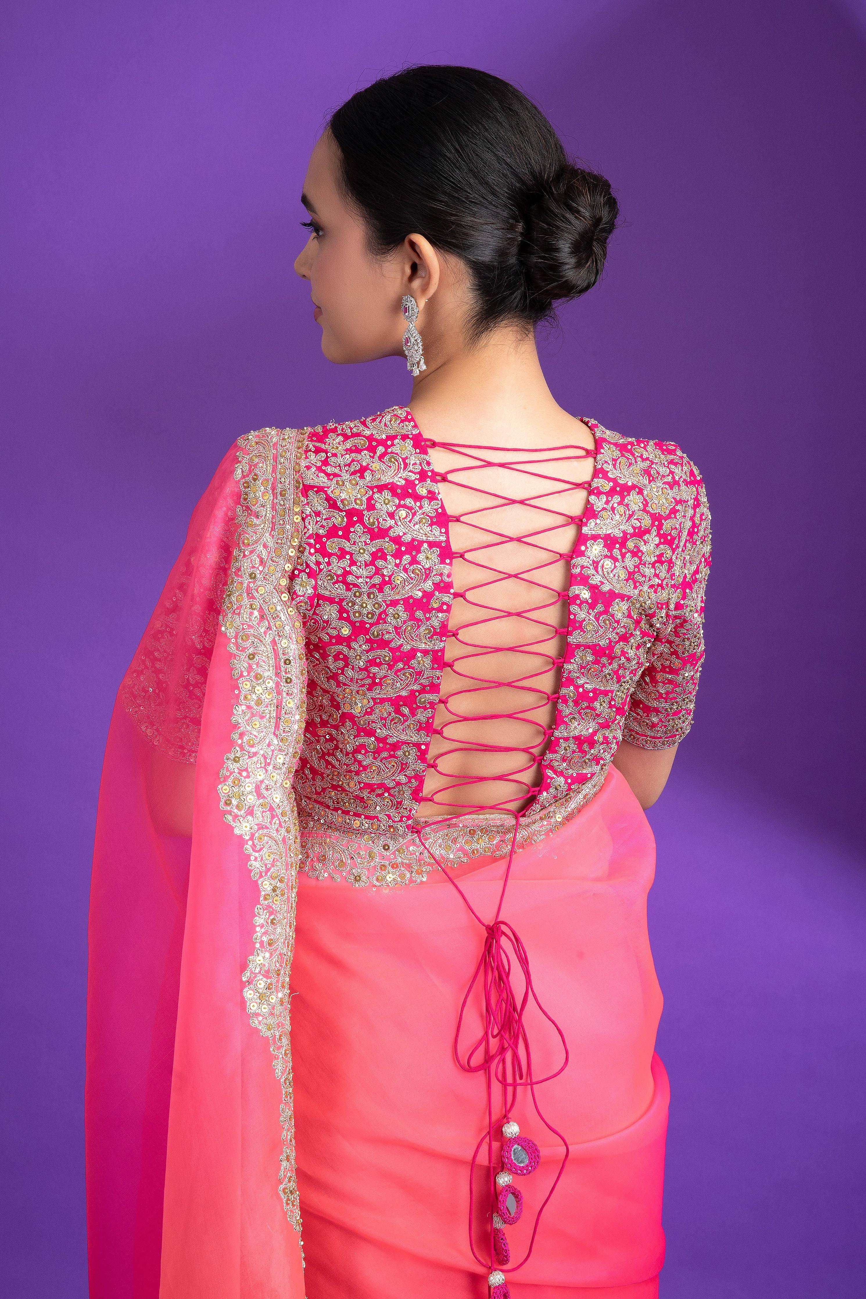 Hot Pink Organza Saree With Zari Border - Mokshaa