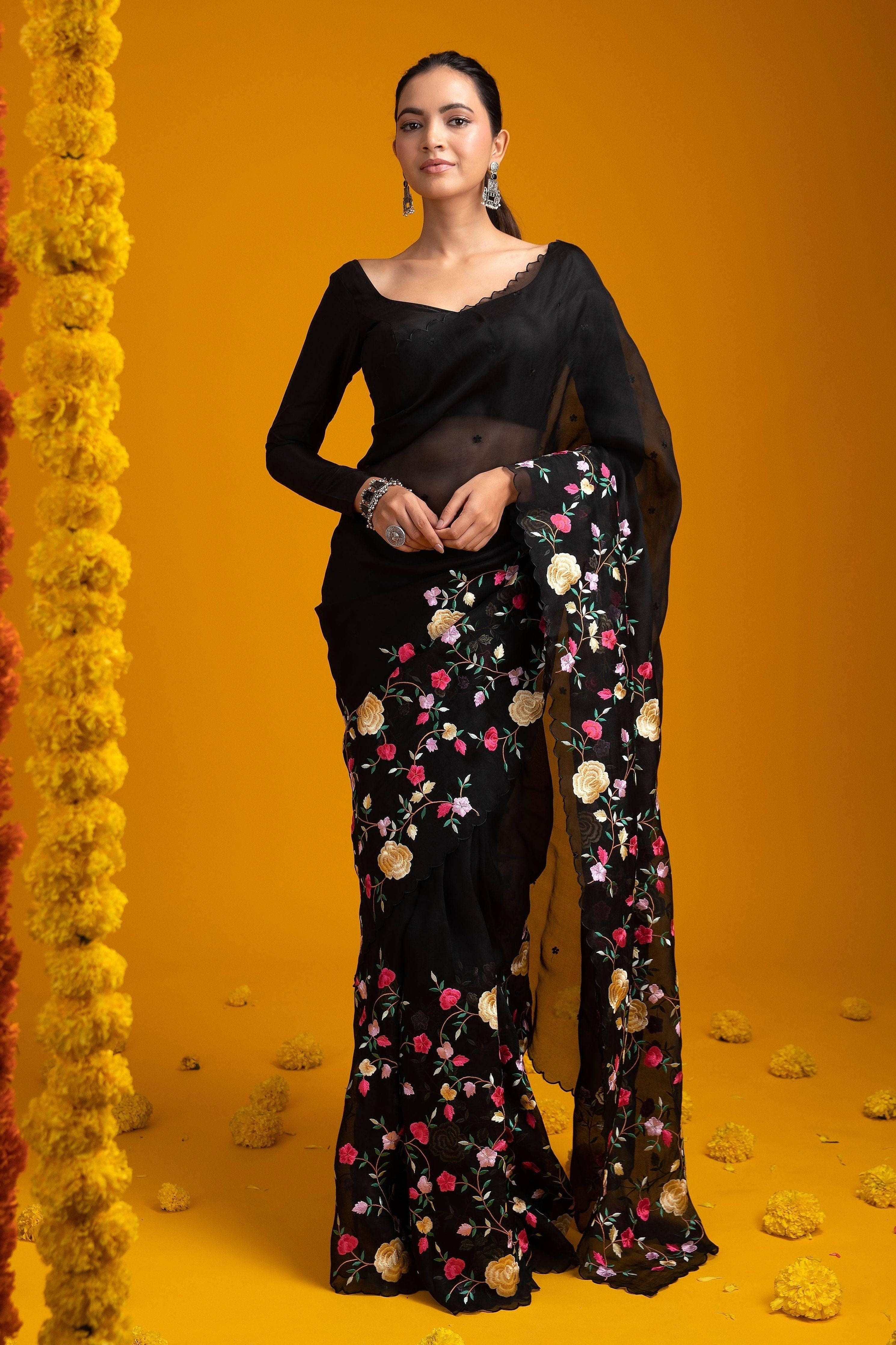 Black Organza Saree With Vibrant Floral Embroidery - Mokshaa