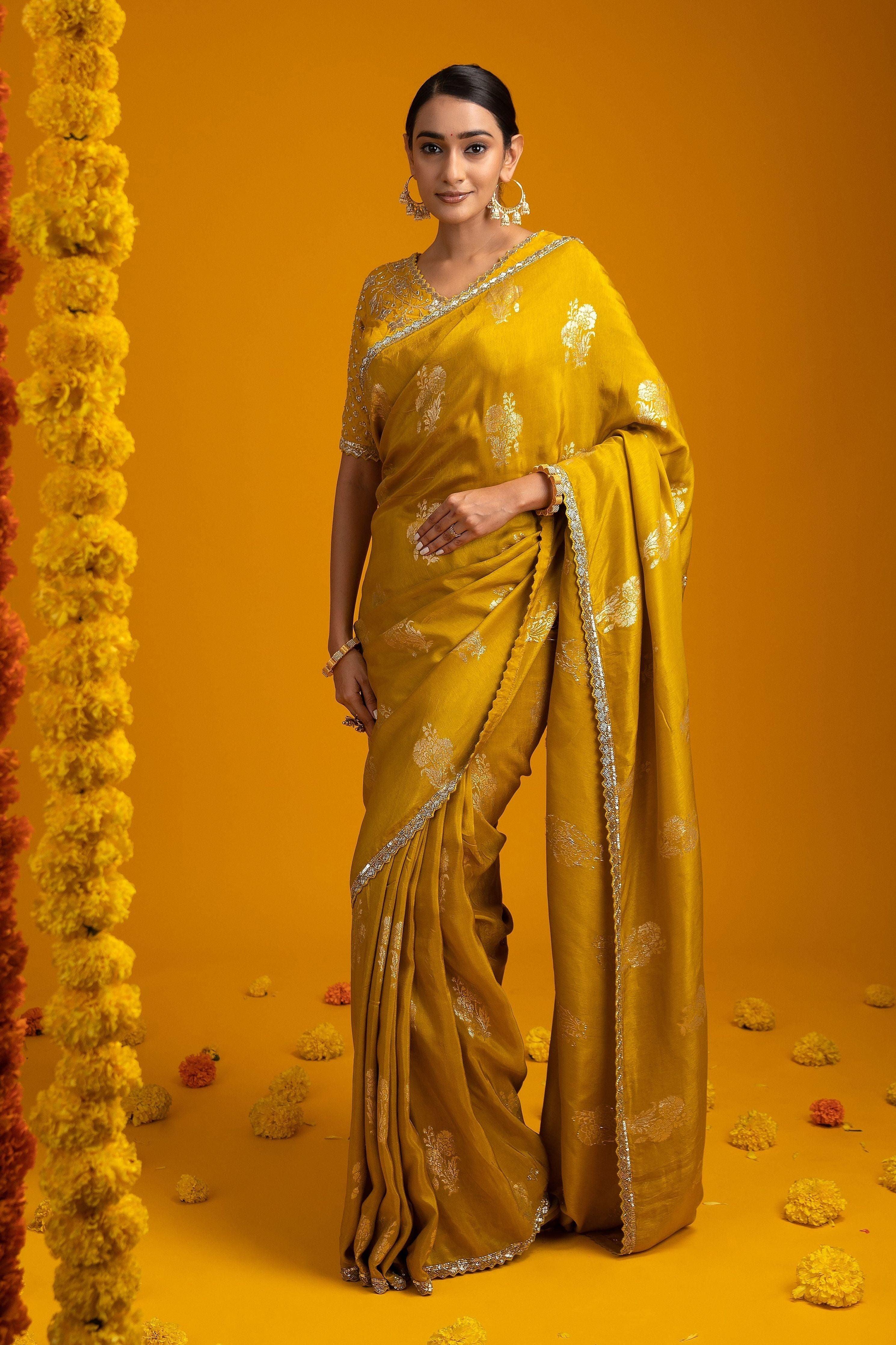 Mustard Yellow Georgette Saree - Mokshaa