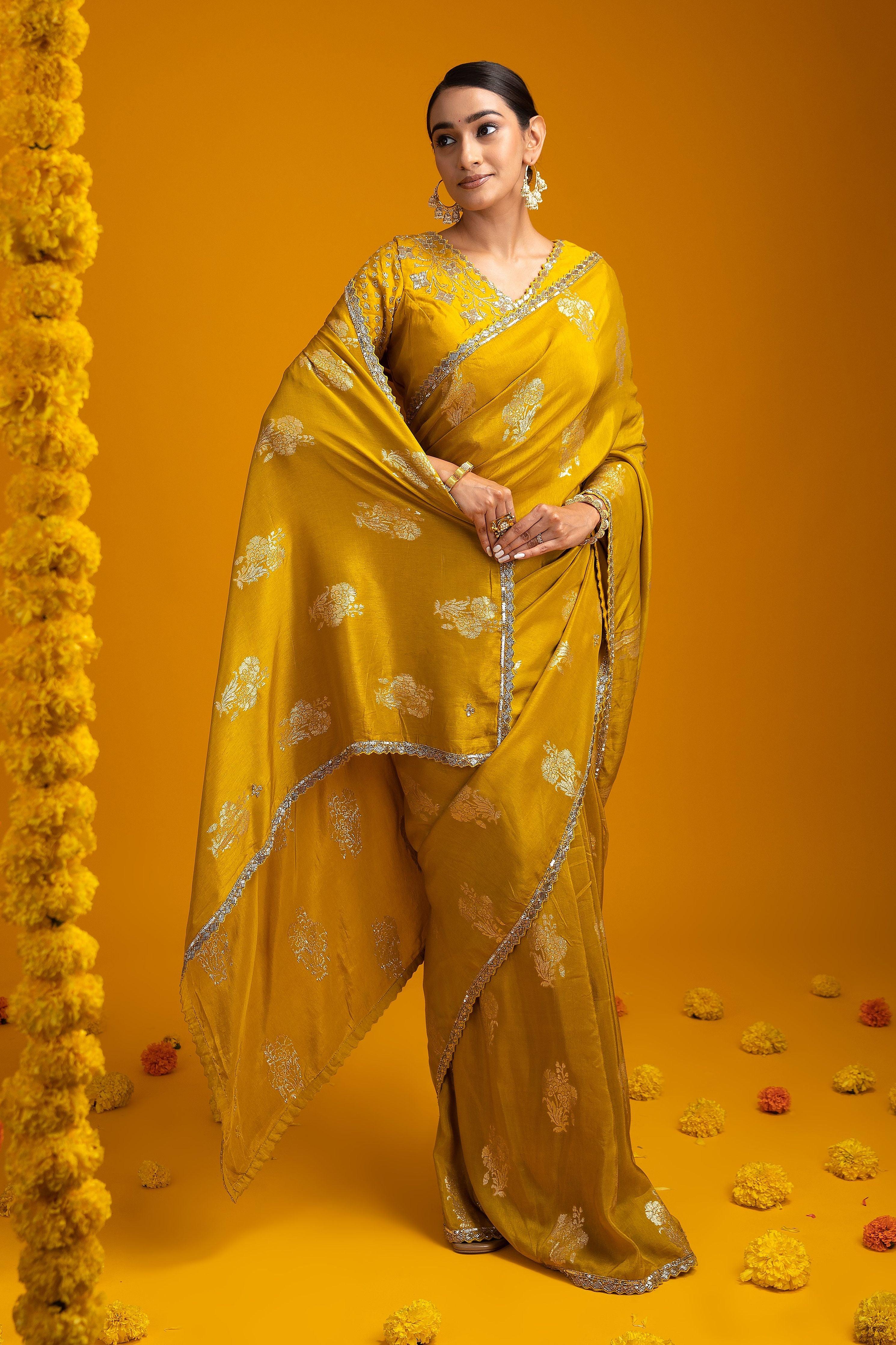 Mustard Yellow Georgette Saree - Mokshaa