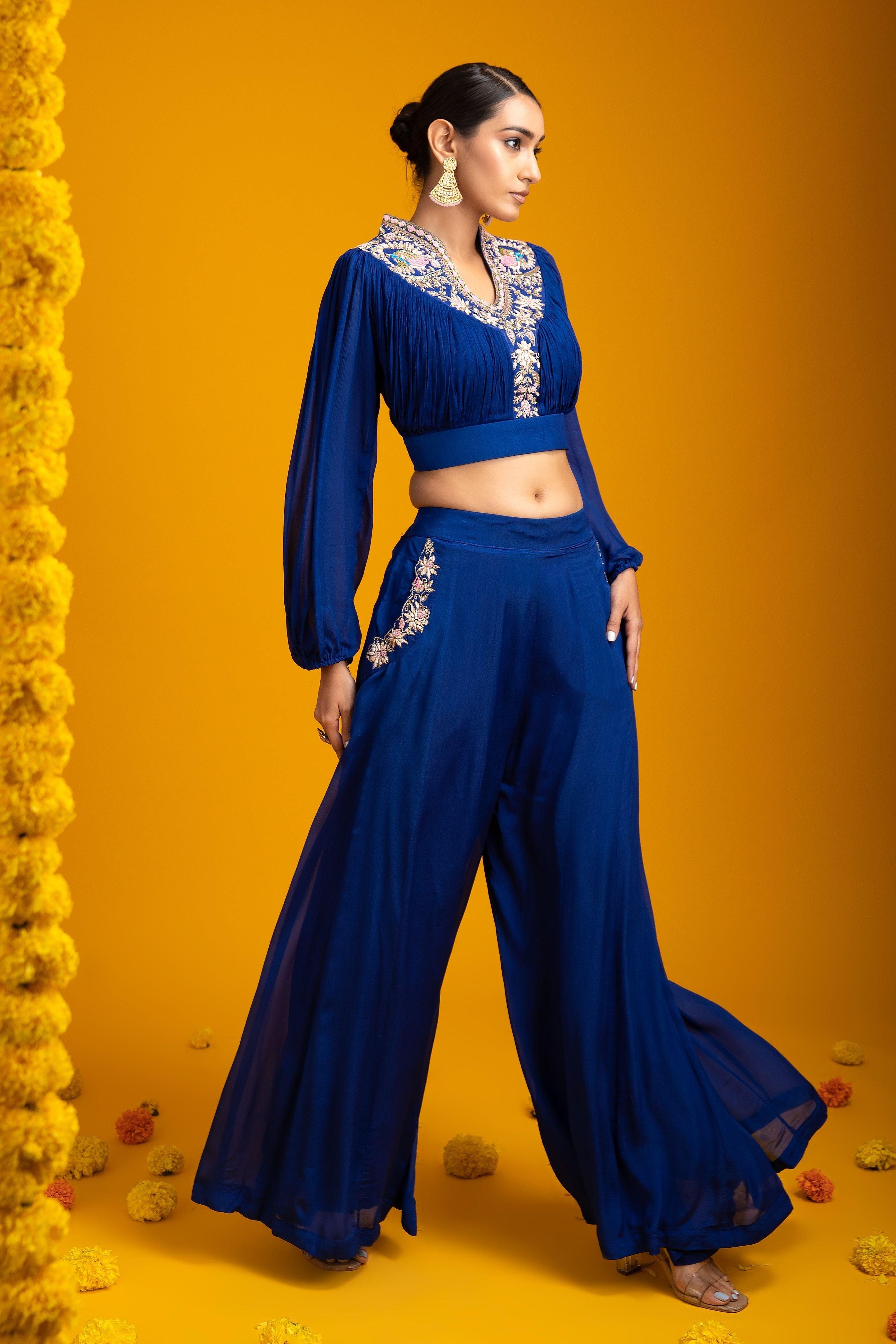 Navy Blue Crop Top And Palazzo Set - Mokshaa