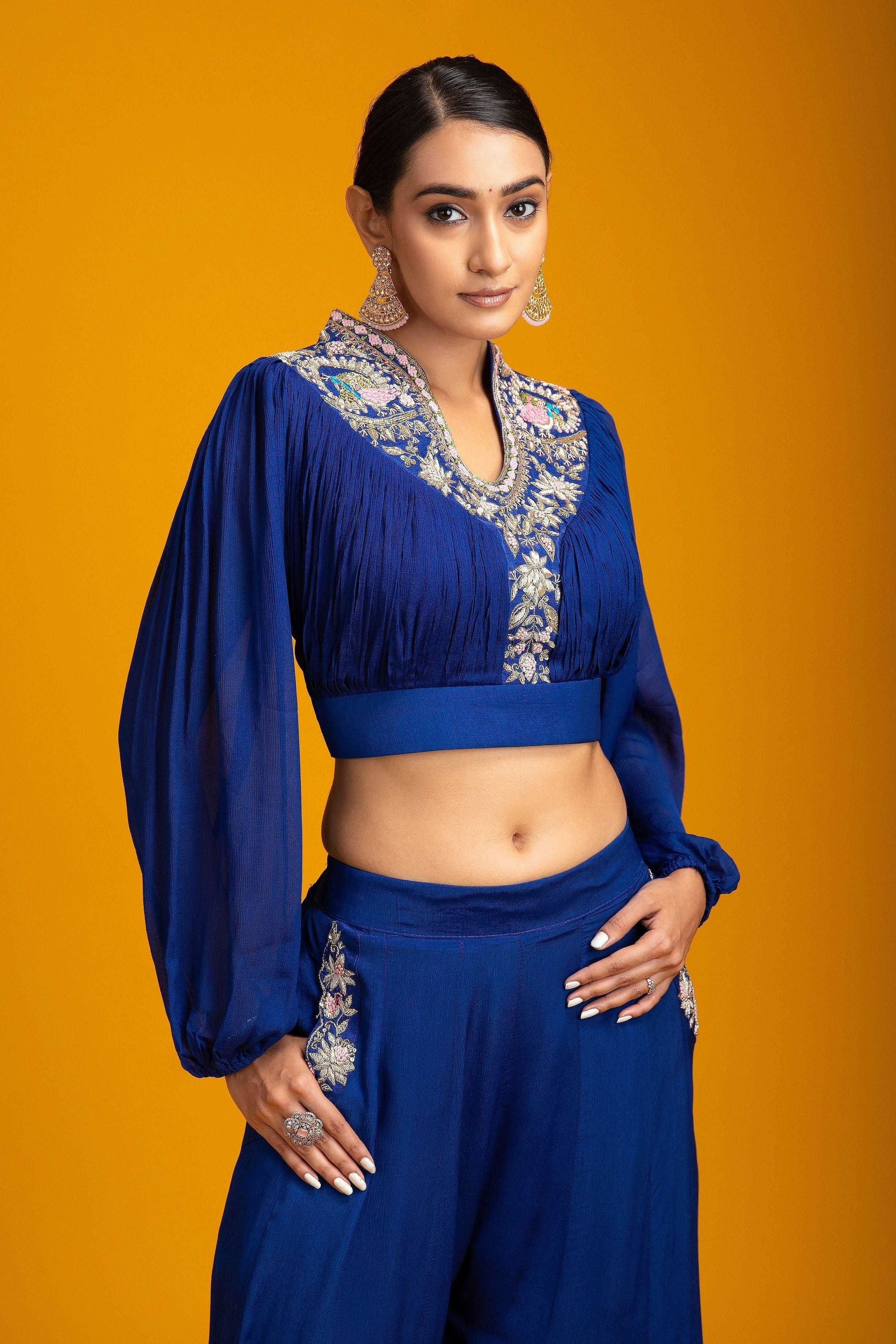 Navy Blue Crop Top And Palazzo Set - Mokshaa