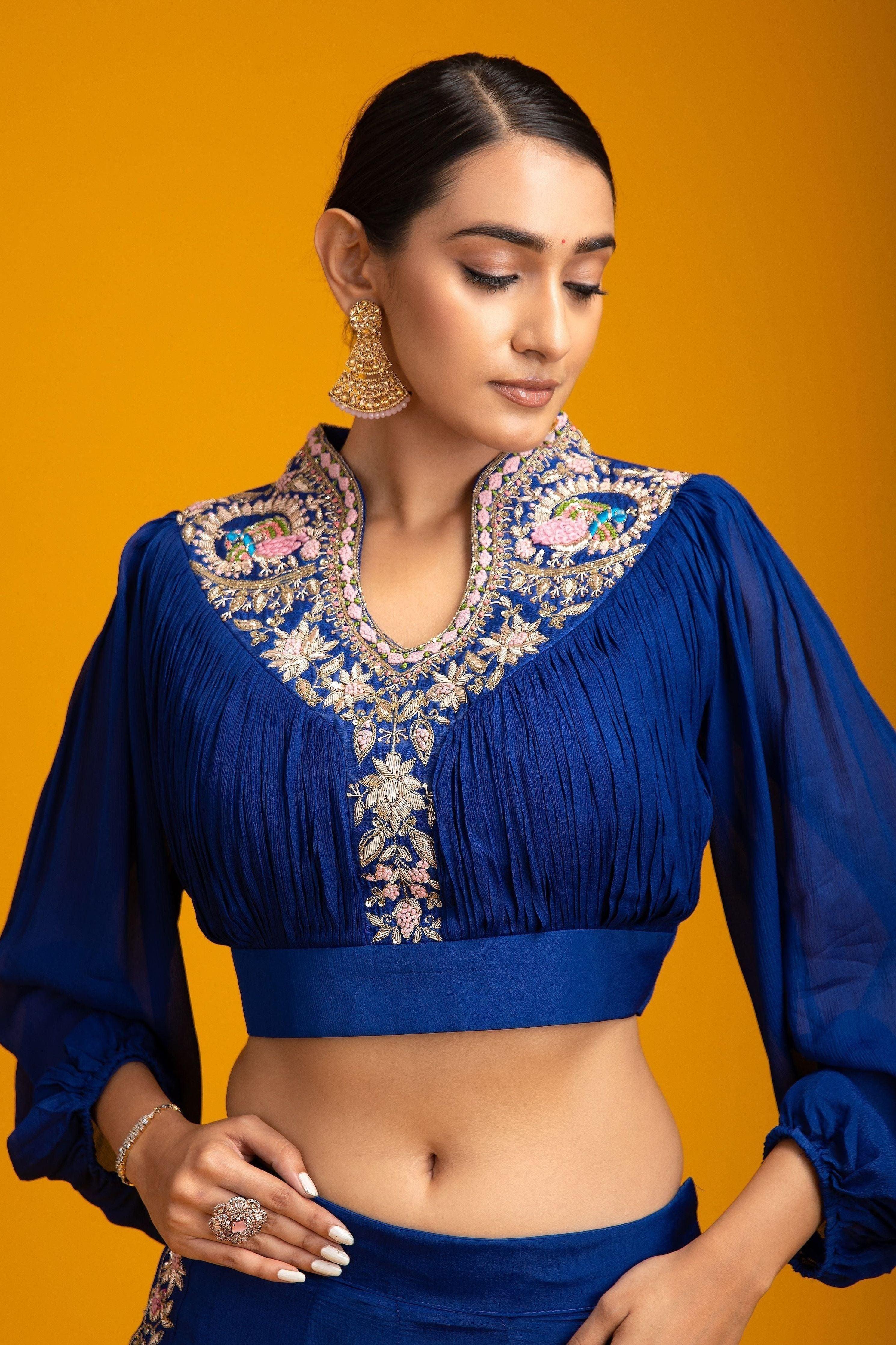 Navy Blue Crop Top And Palazzo Set - Mokshaa