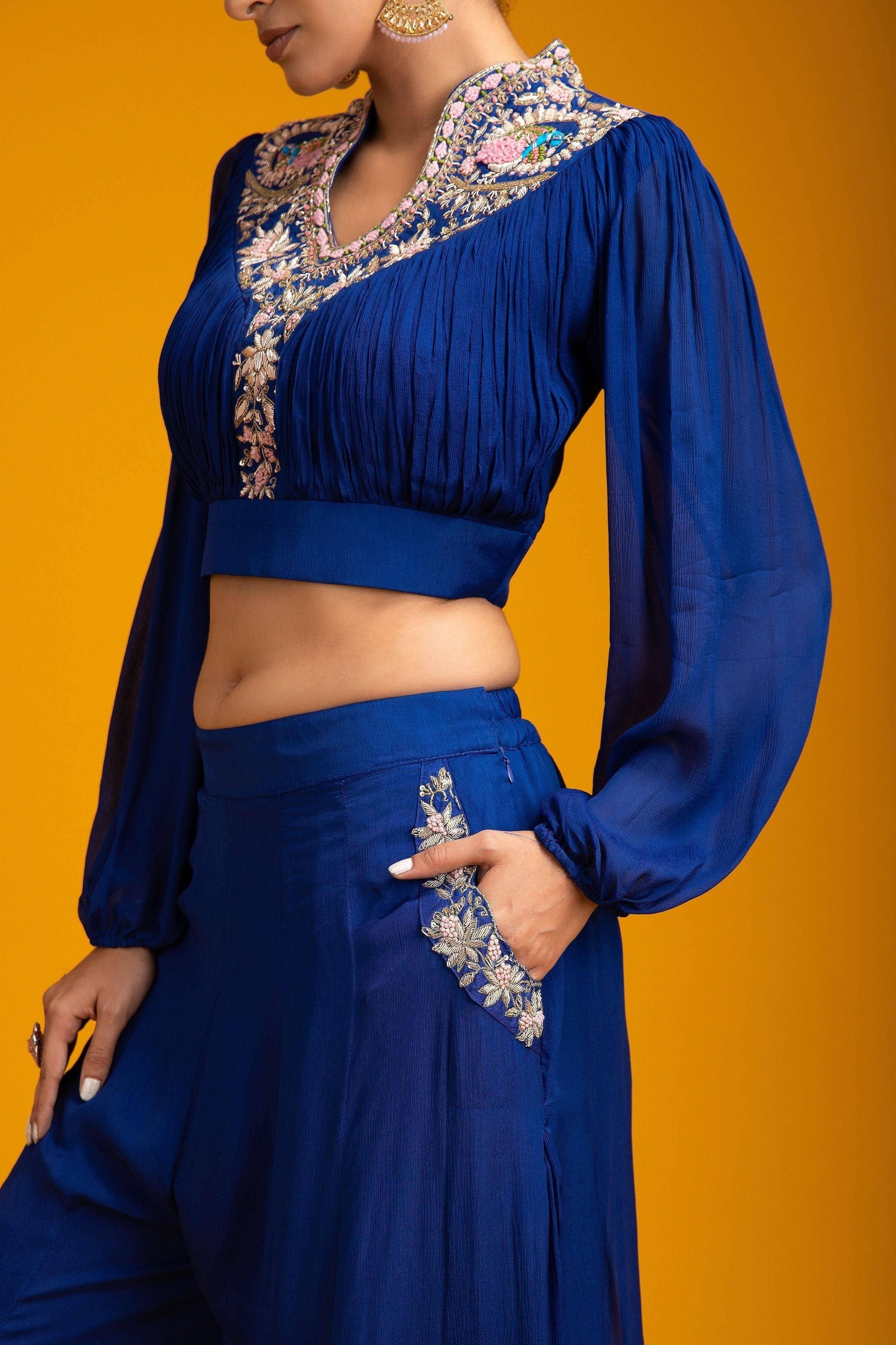 Navy Blue Crop Top And Palazzo Set - Mokshaa