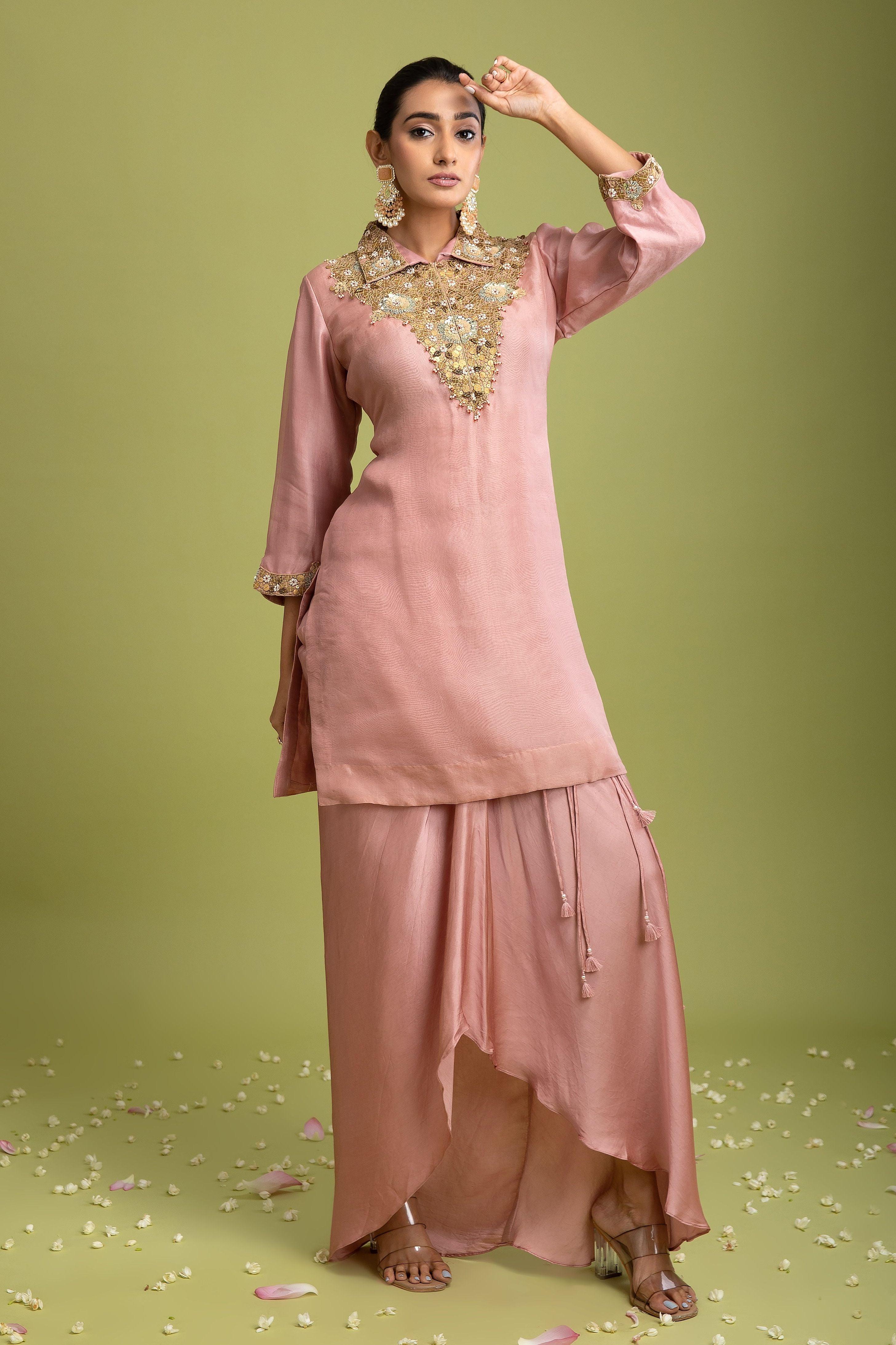 Peach Pink Organza Indo-Western - Mokshaa