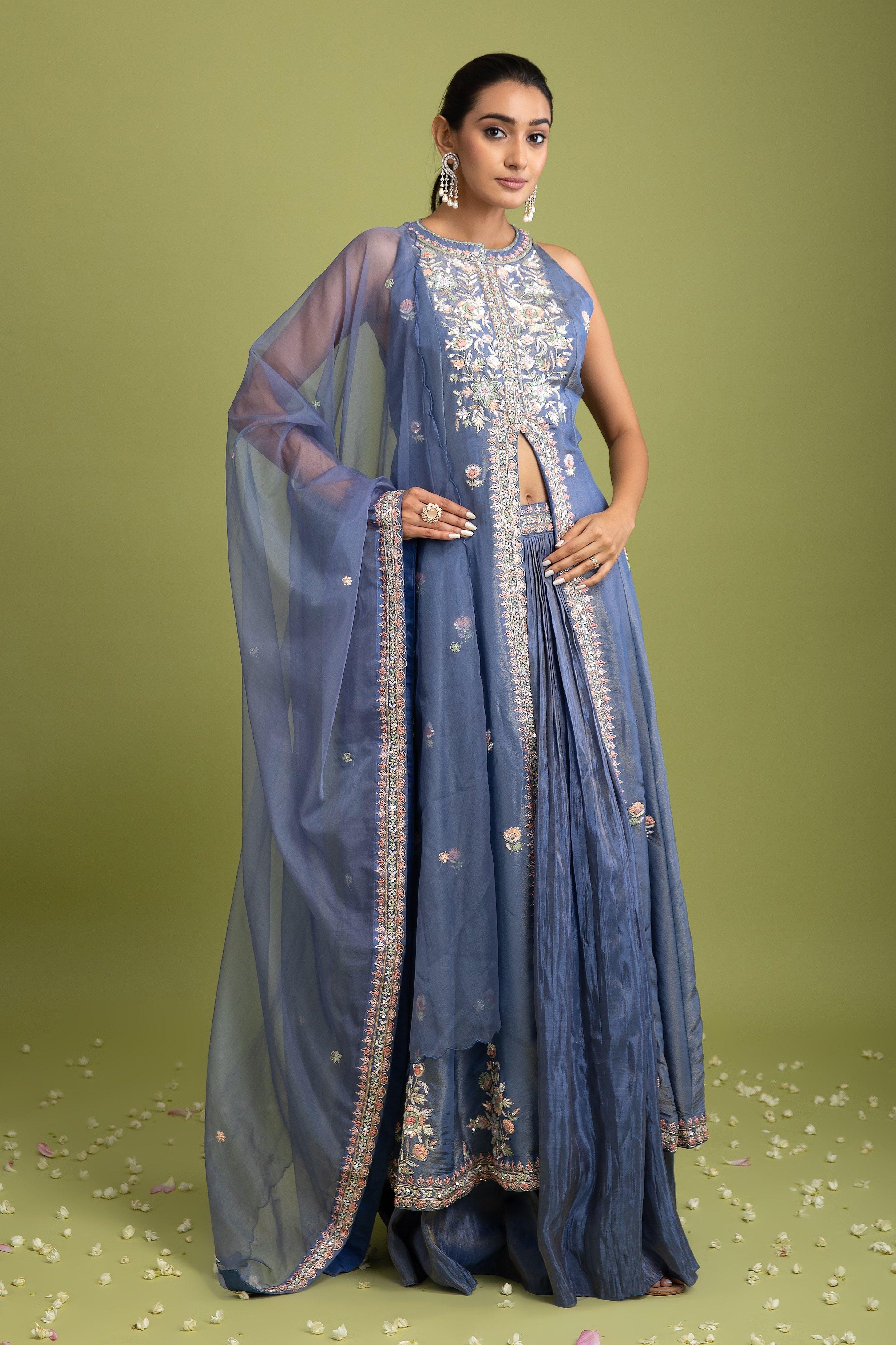Blue Tissue Silk Indo-Western - Mokshaa
