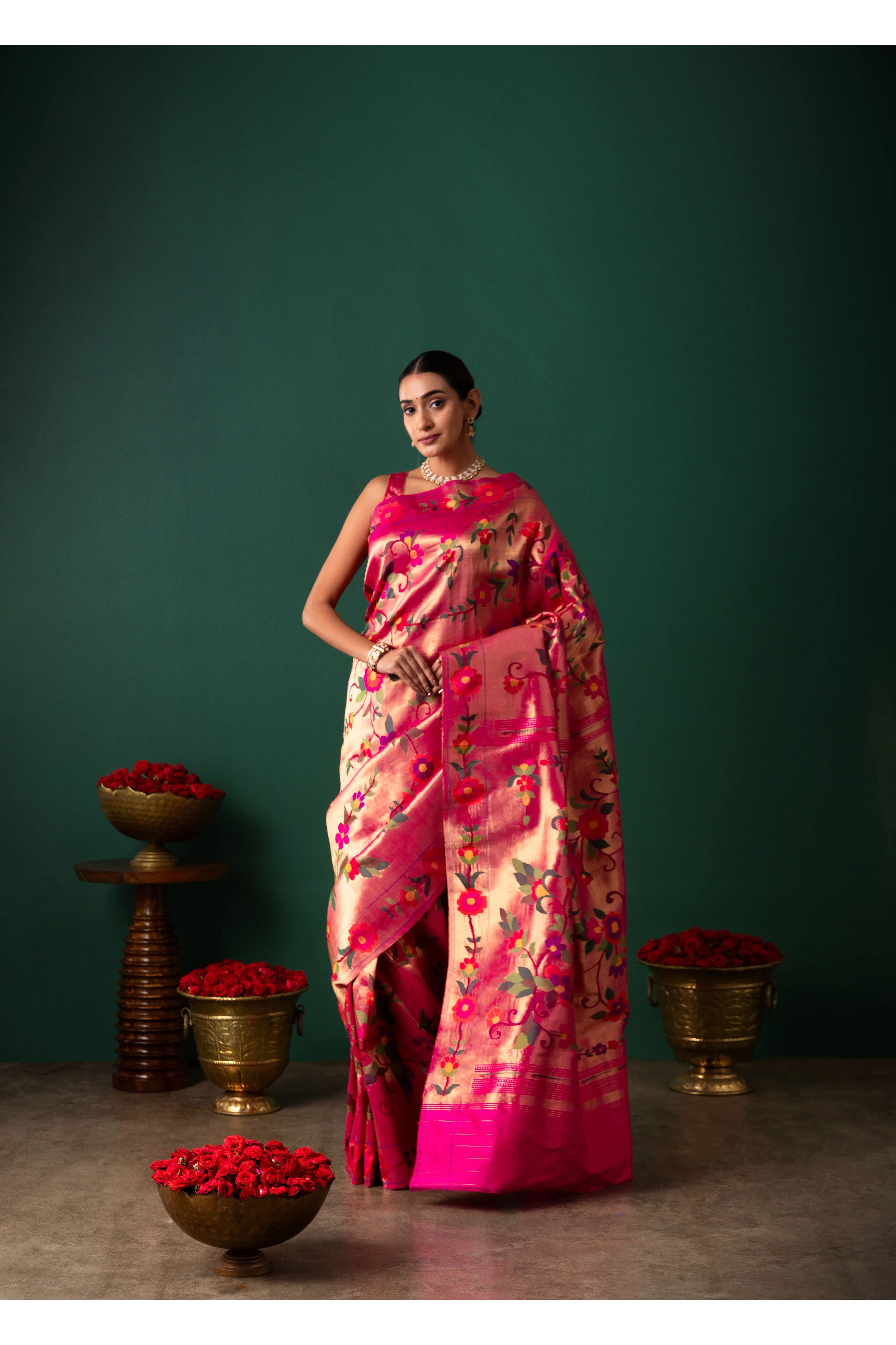 Pink Paithani Tissue Saree with All Over Jaal Weaving - Mokshaa